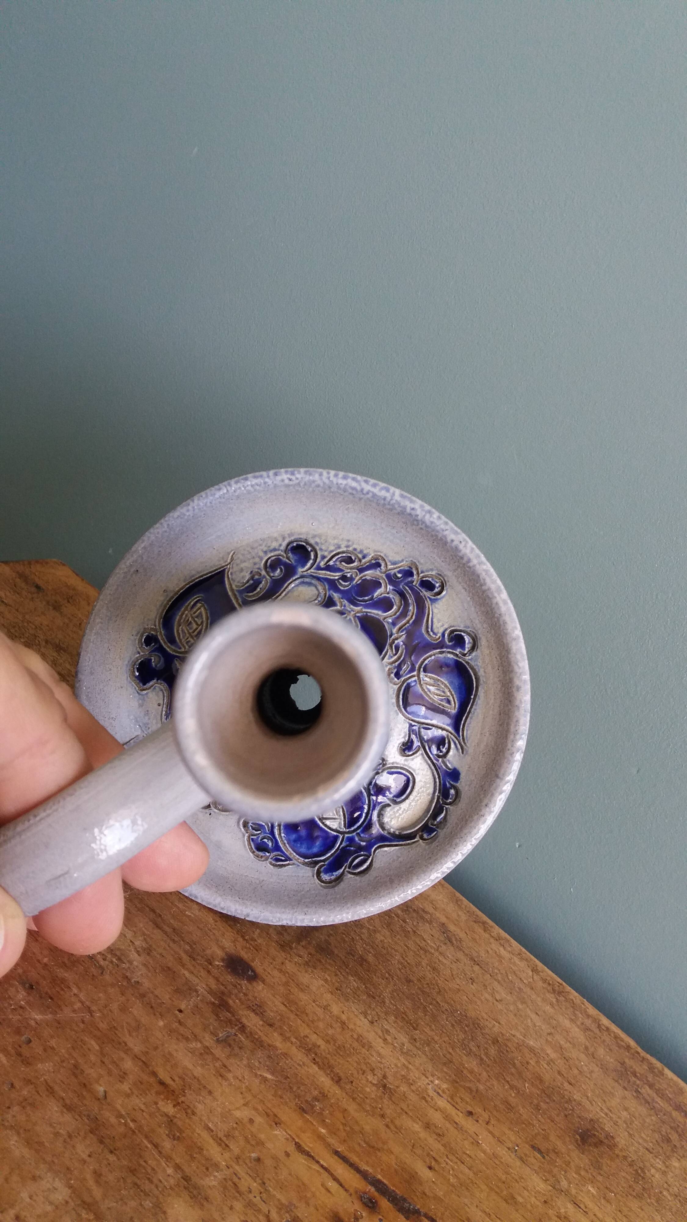 Salt-glazed stoneware candlestick signed Krumeich Hubert, Betschdorf, Alsace