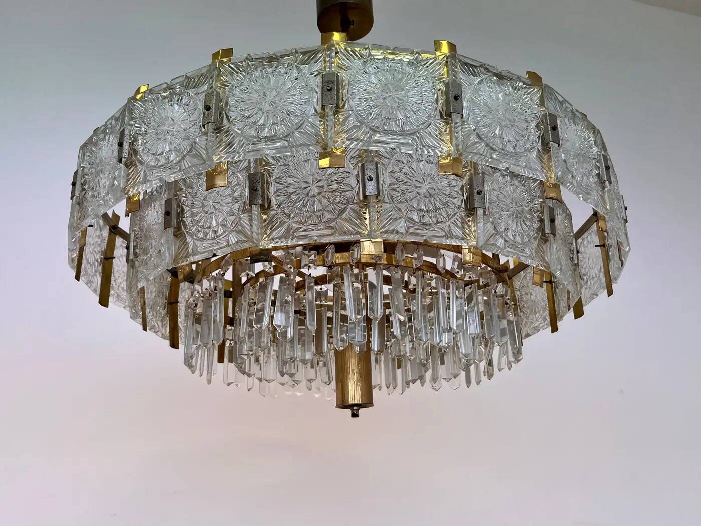 Pair of two XXL large brass and glass chandeliers by Kamenicky Senov/Preciosa, 1970s