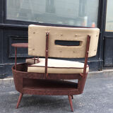 Mini-bench with shelf, antique metal and fabric, 1960