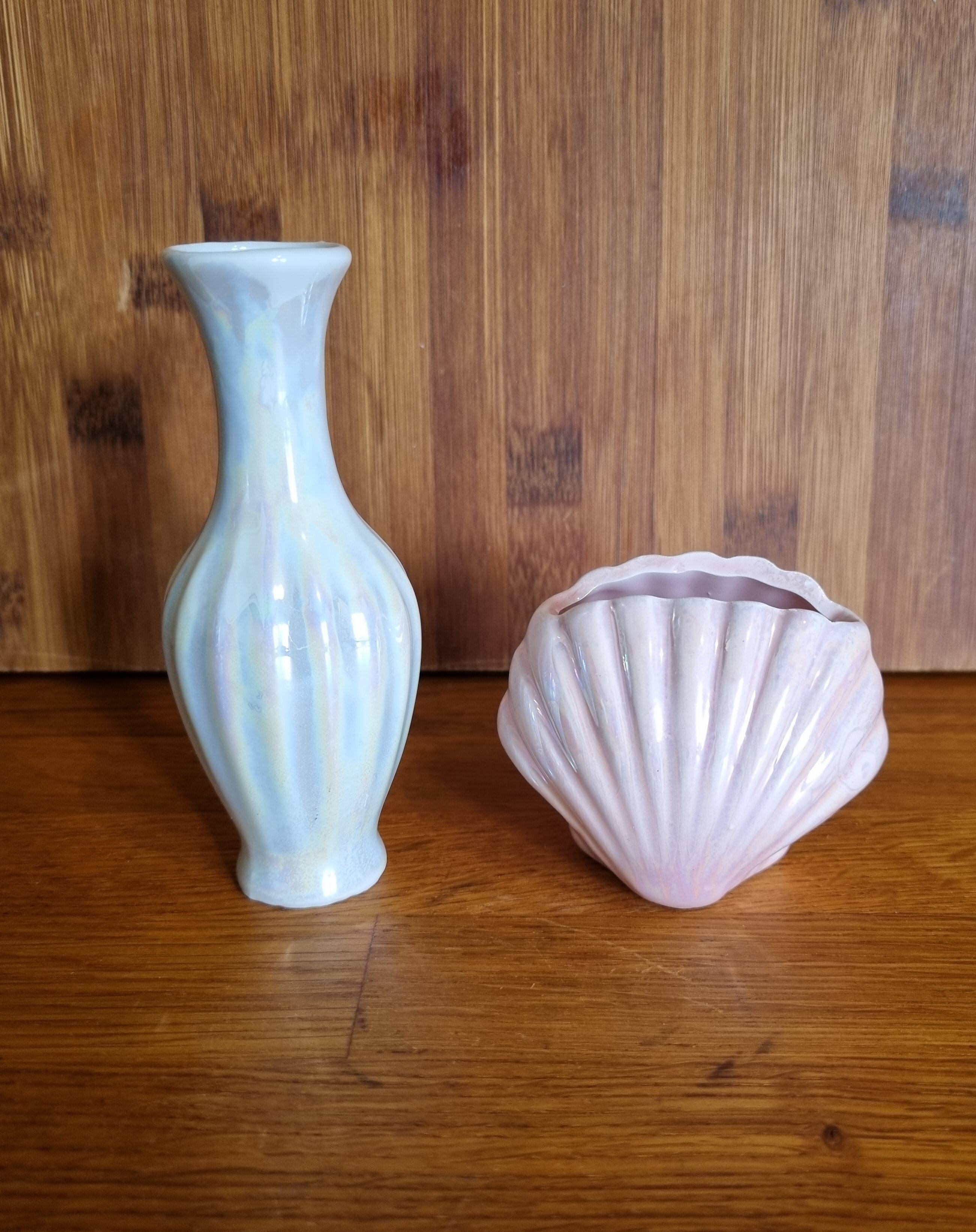 Set of 2 vintage iridescent ceramic mini vases