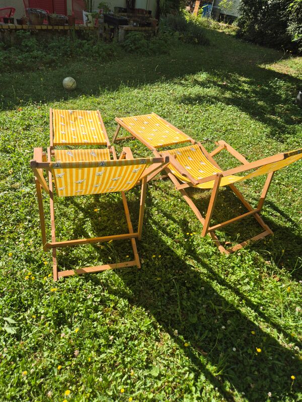 2 tansats chilienne vintage bois et toile jaune imprimé voilier avec repose