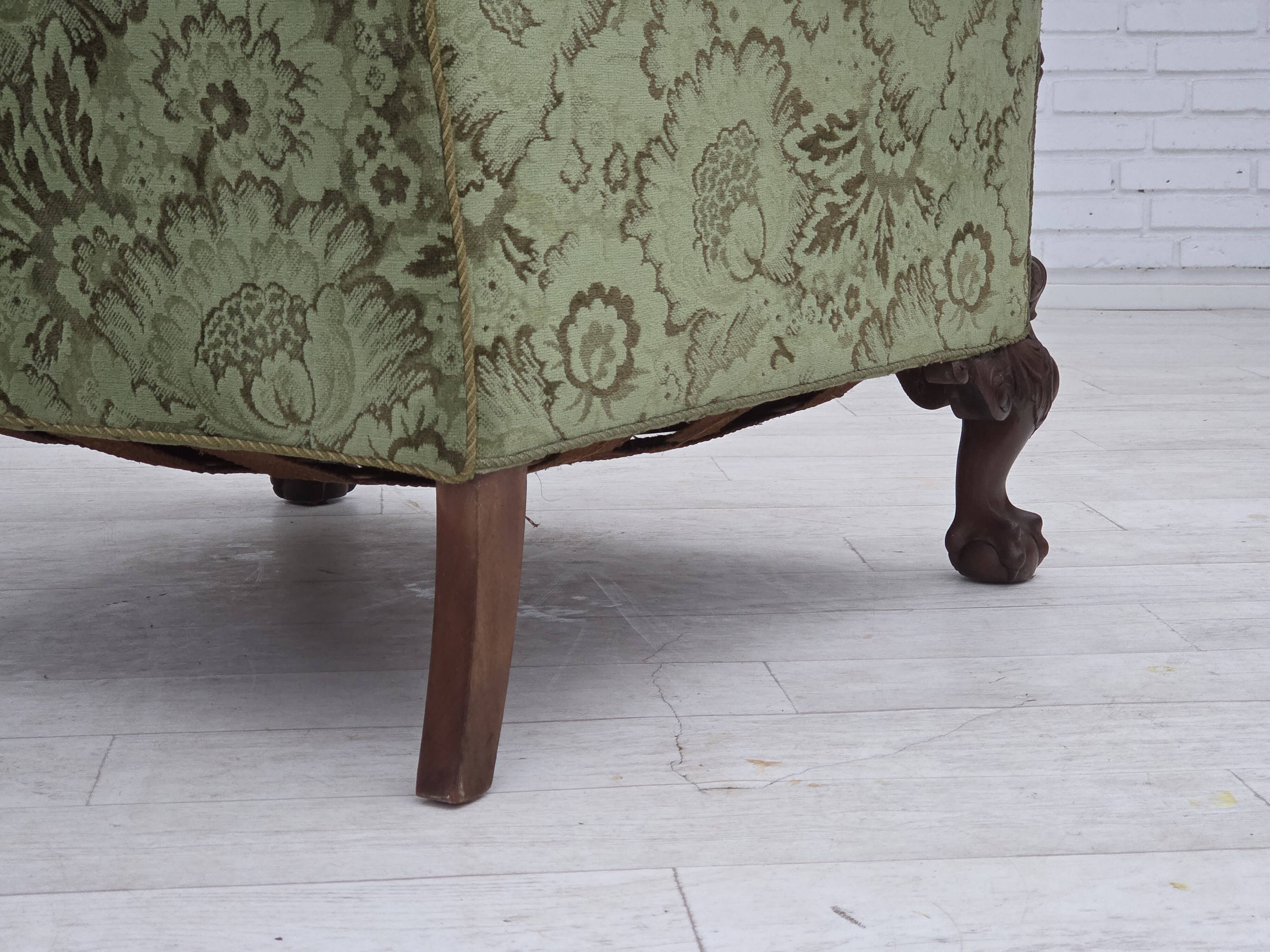 1950s, Danish armchair, green furniture velour, carved oak wood.