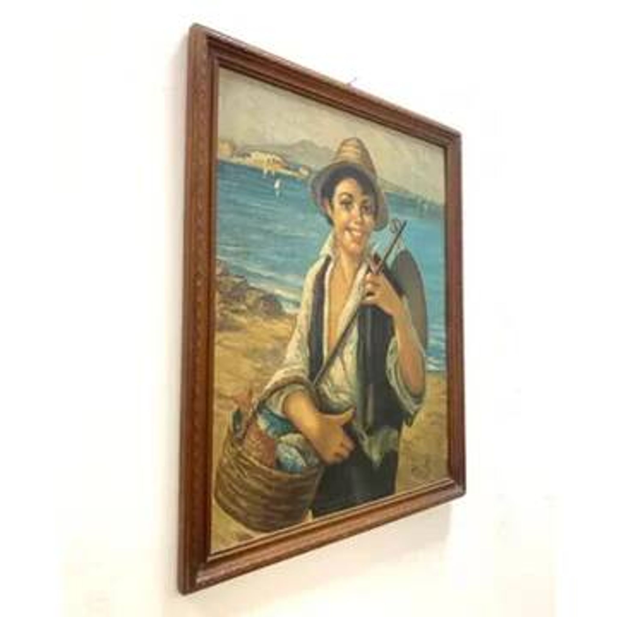 Oil painting, G. De Curtis, signed canvas, young Italian fisherman, late 20th century