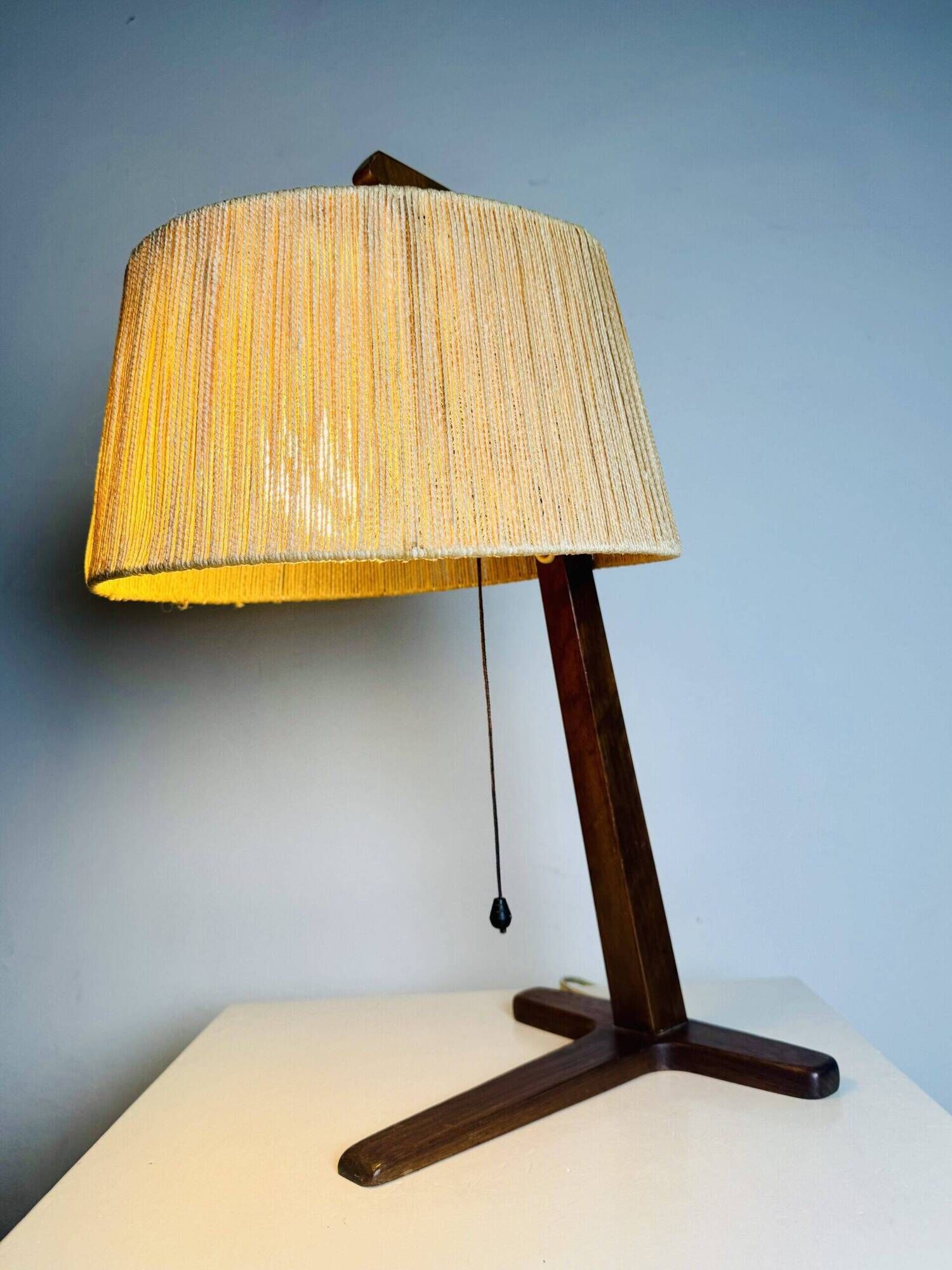 Hemp String & Teak Wood Table Lamp By Ib Fabiansen For Fog & Mørup, Denmark 1950S