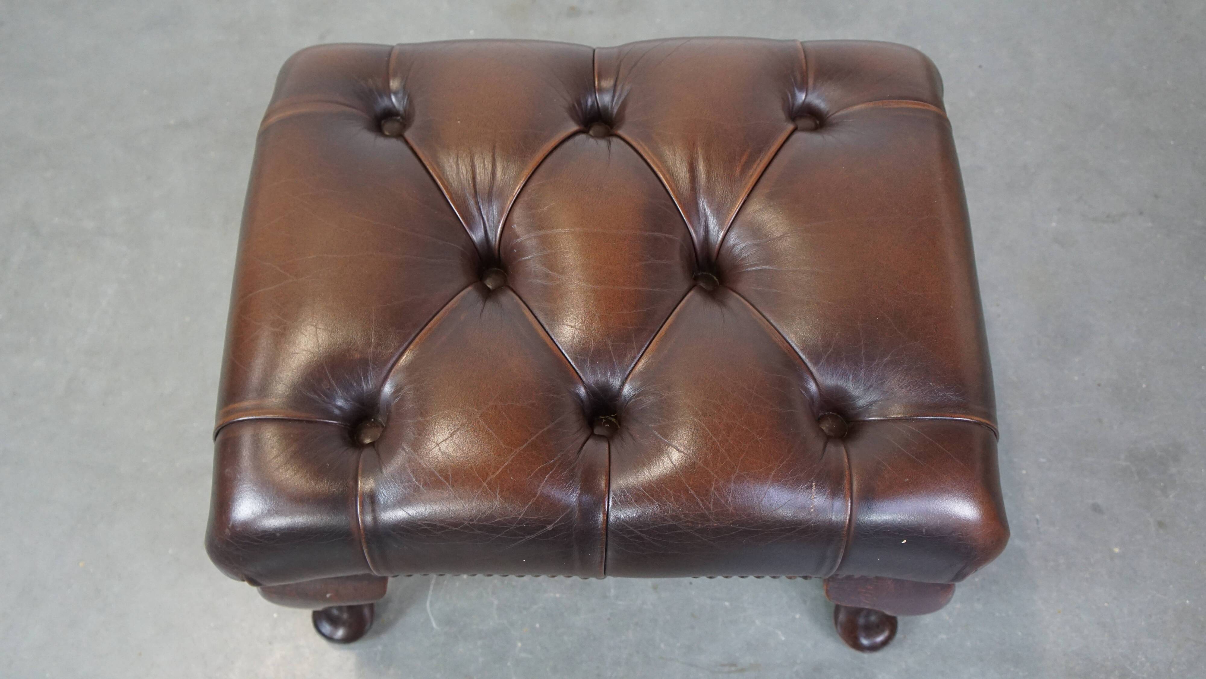 Dark brown cowhide leather Chesterfield ottoman
