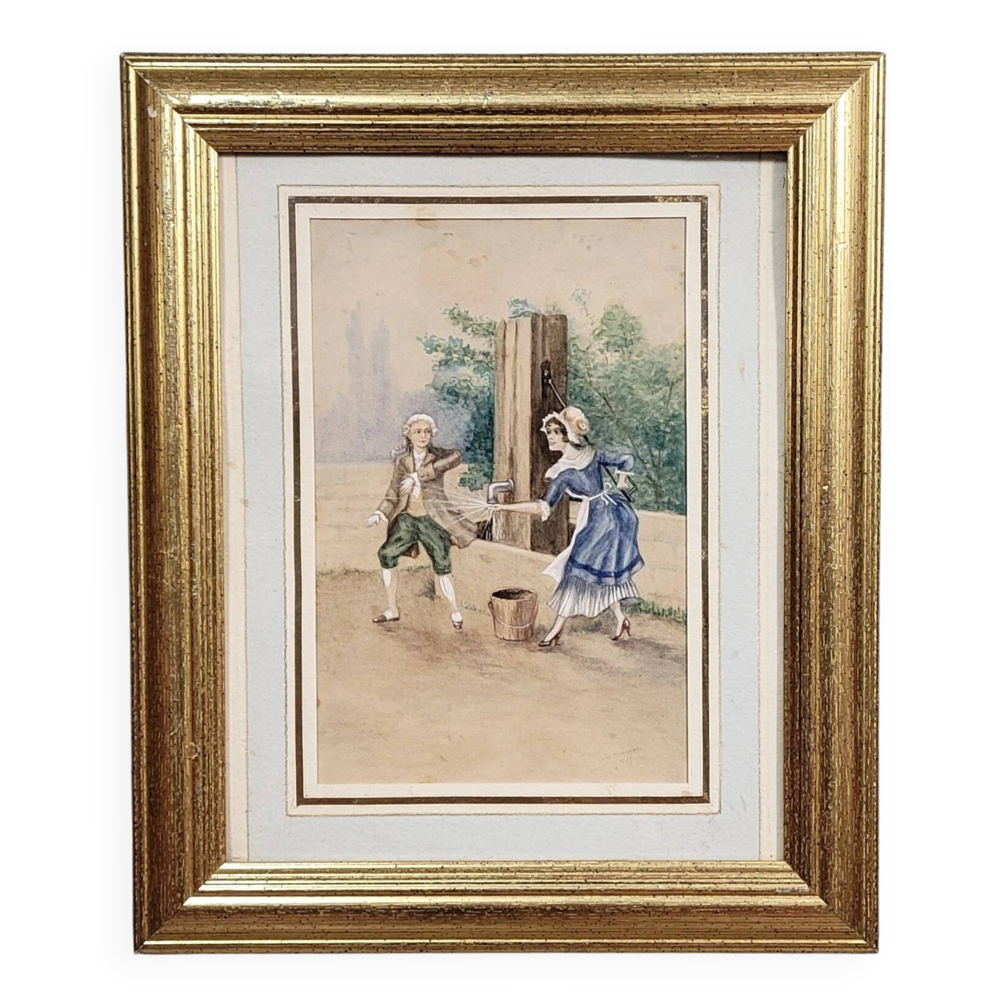 19th-century watercolor depicting a bucolic genre scene: a young woman