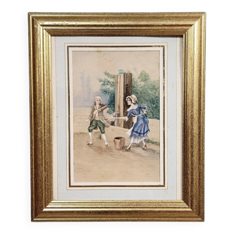 19th-century watercolor depicting a bucolic genre scene: a young woman