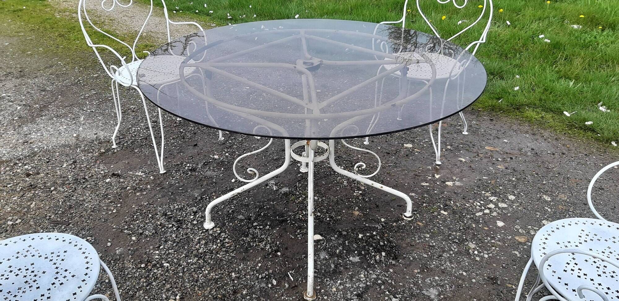 Garden furniture wrought iron and smoked glass 1900