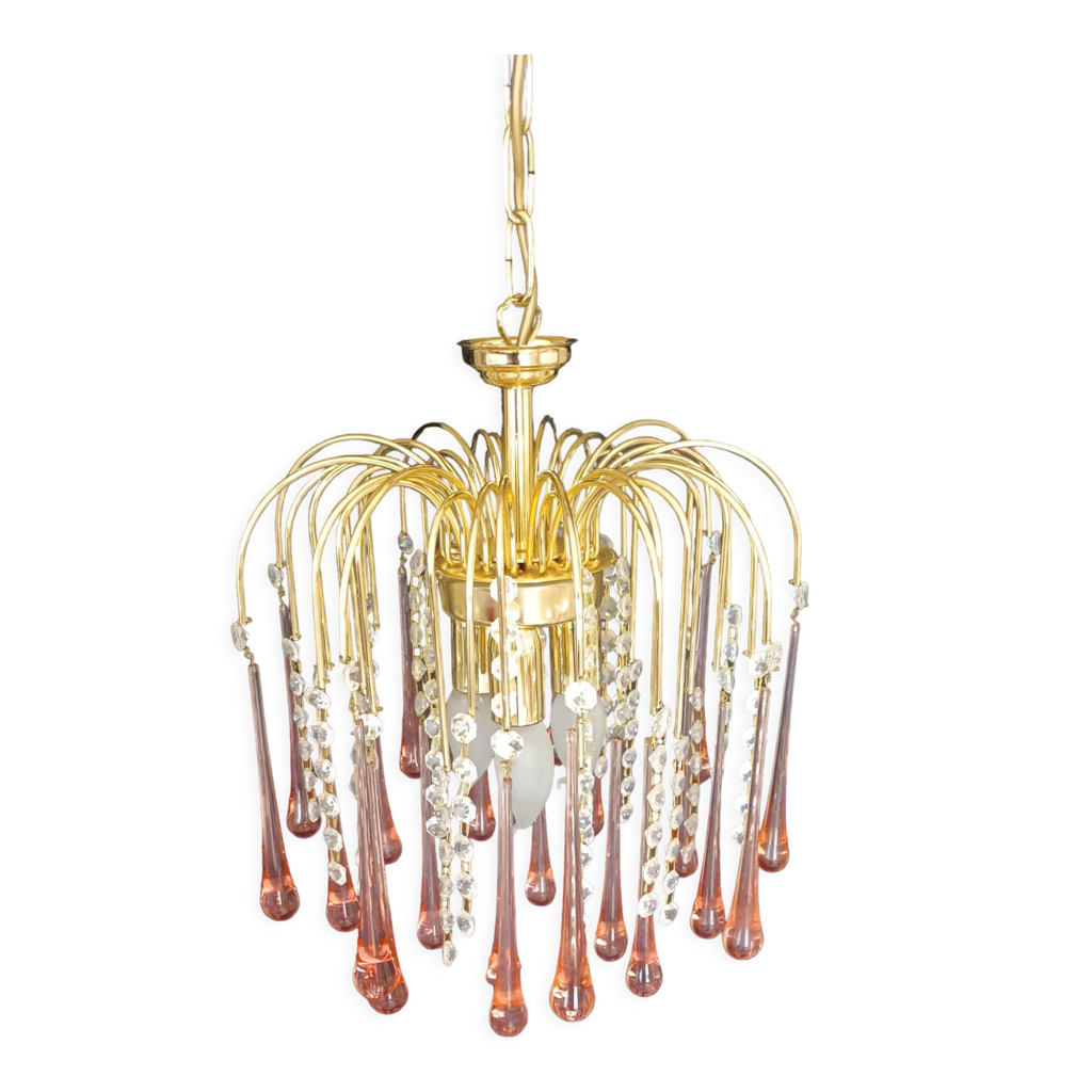 Lustre doré vintage massive italie pampilles cristal de murano rose 3 ...