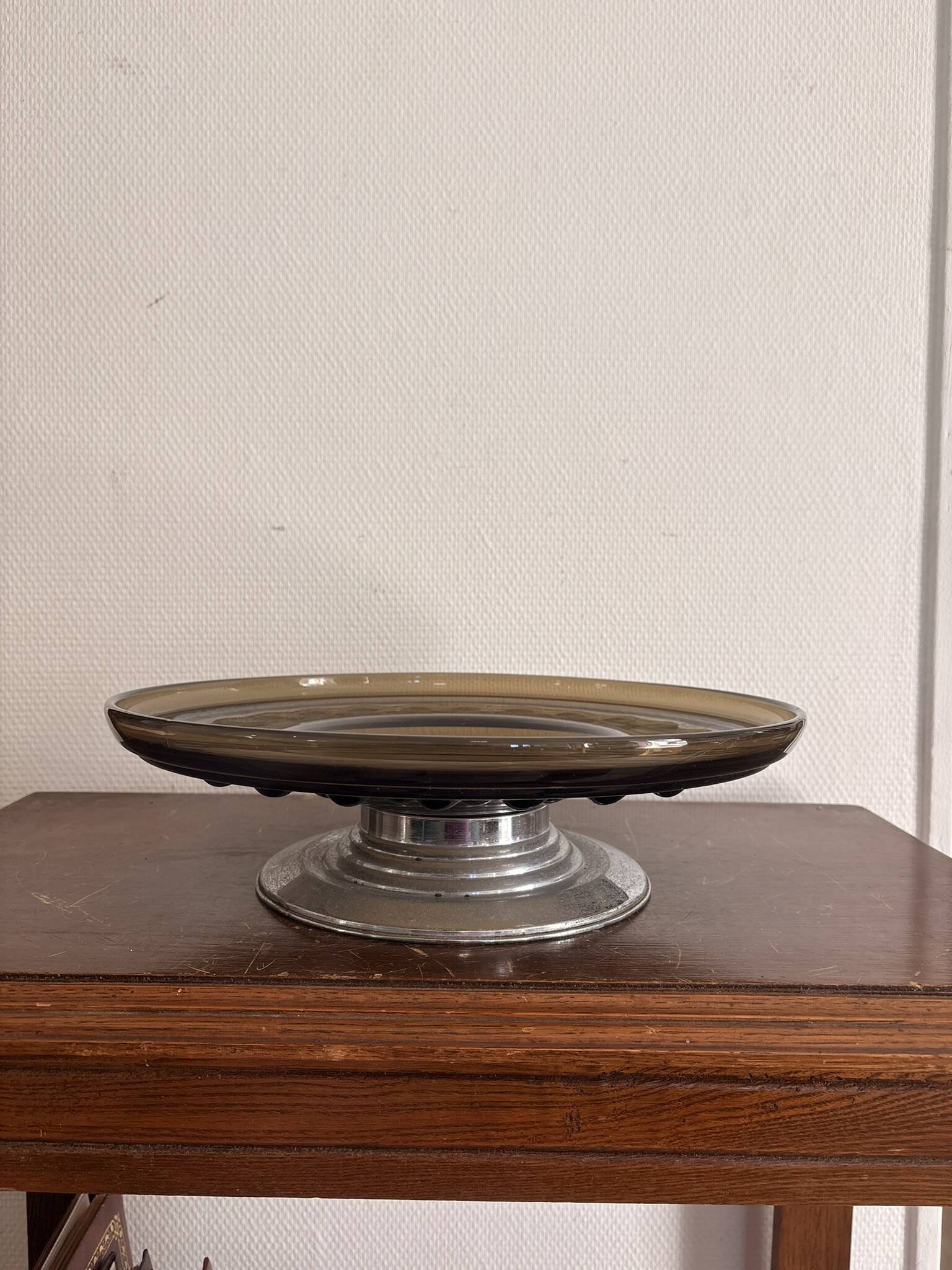 70s Pressed Glass Smoke Fruit Bowl Coupe Stand Space Age