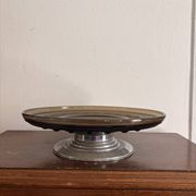 70s Pressed Glass Smoke Fruit Bowl Coupe Stand Space Age