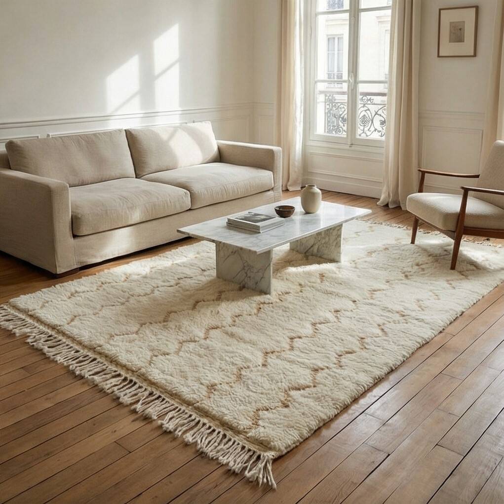 White Moroccan rug in wool with yellow zigzag 150x250 cm