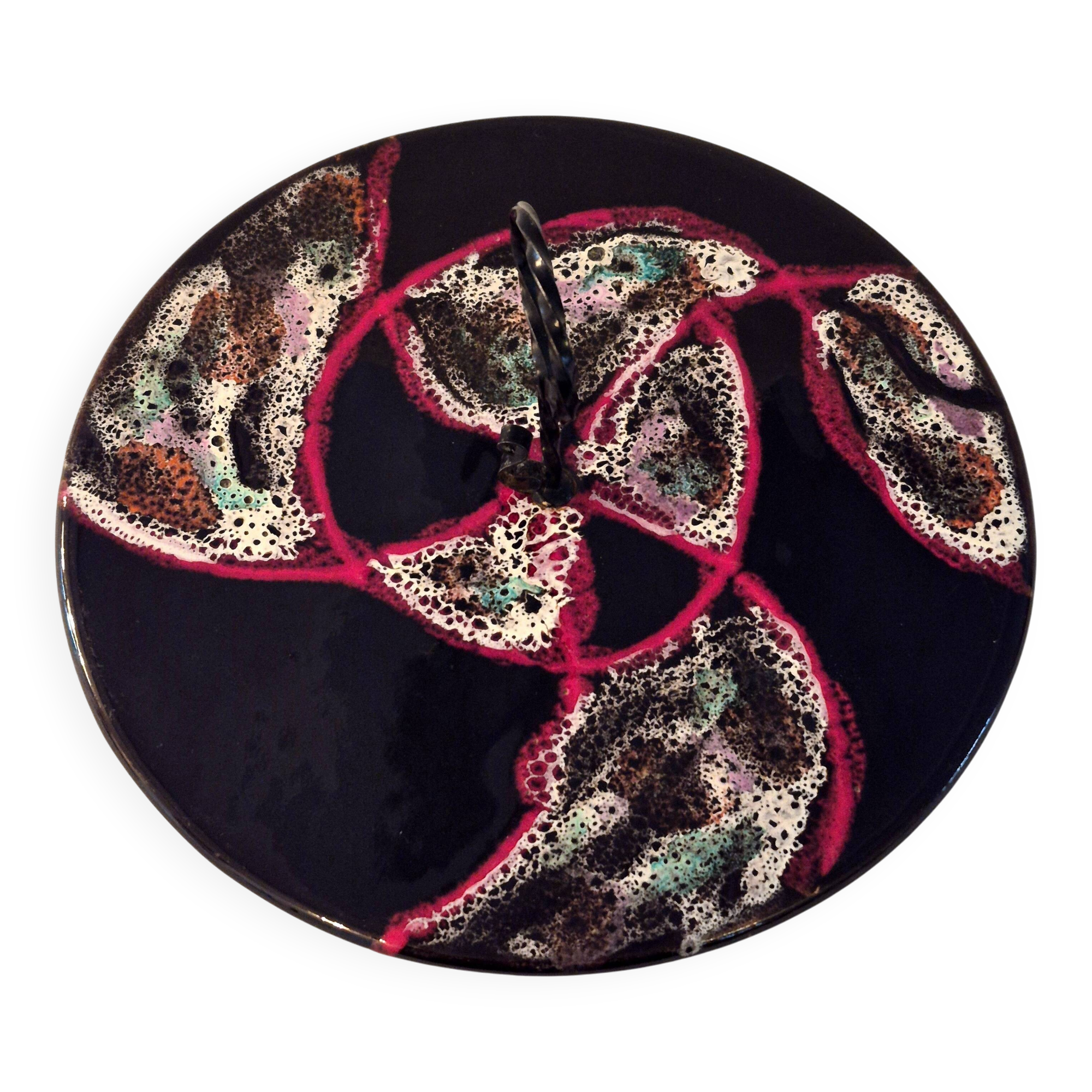 Cheese platter Vallauris glazed ceramic black red A035