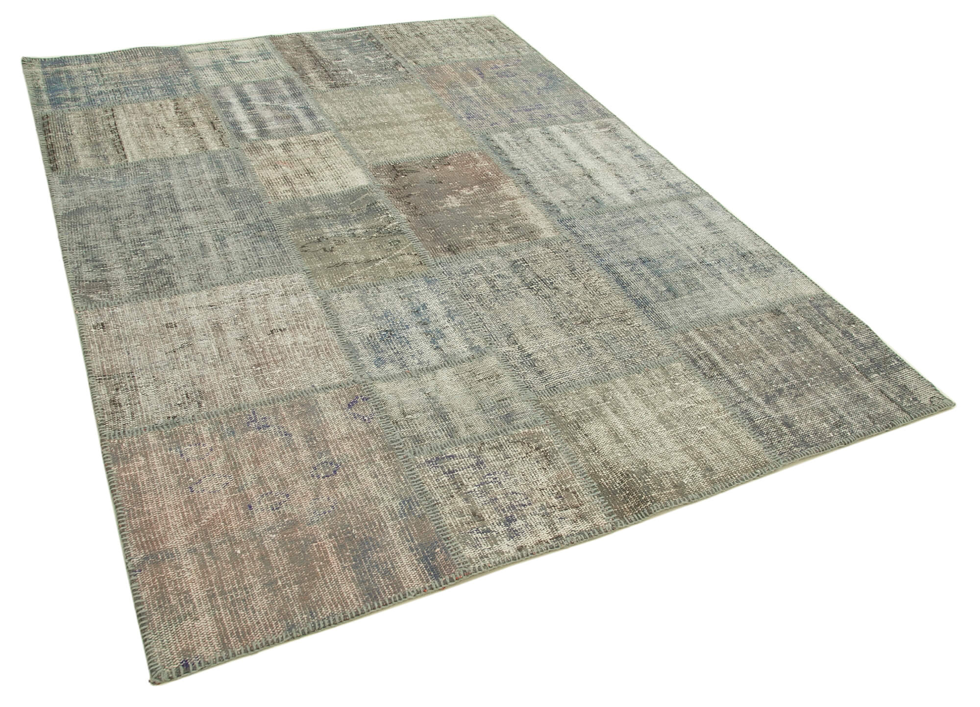 Hand-Knotted Turkish Vintage 177 cm x 243 cm Grey Patchwork Carpet