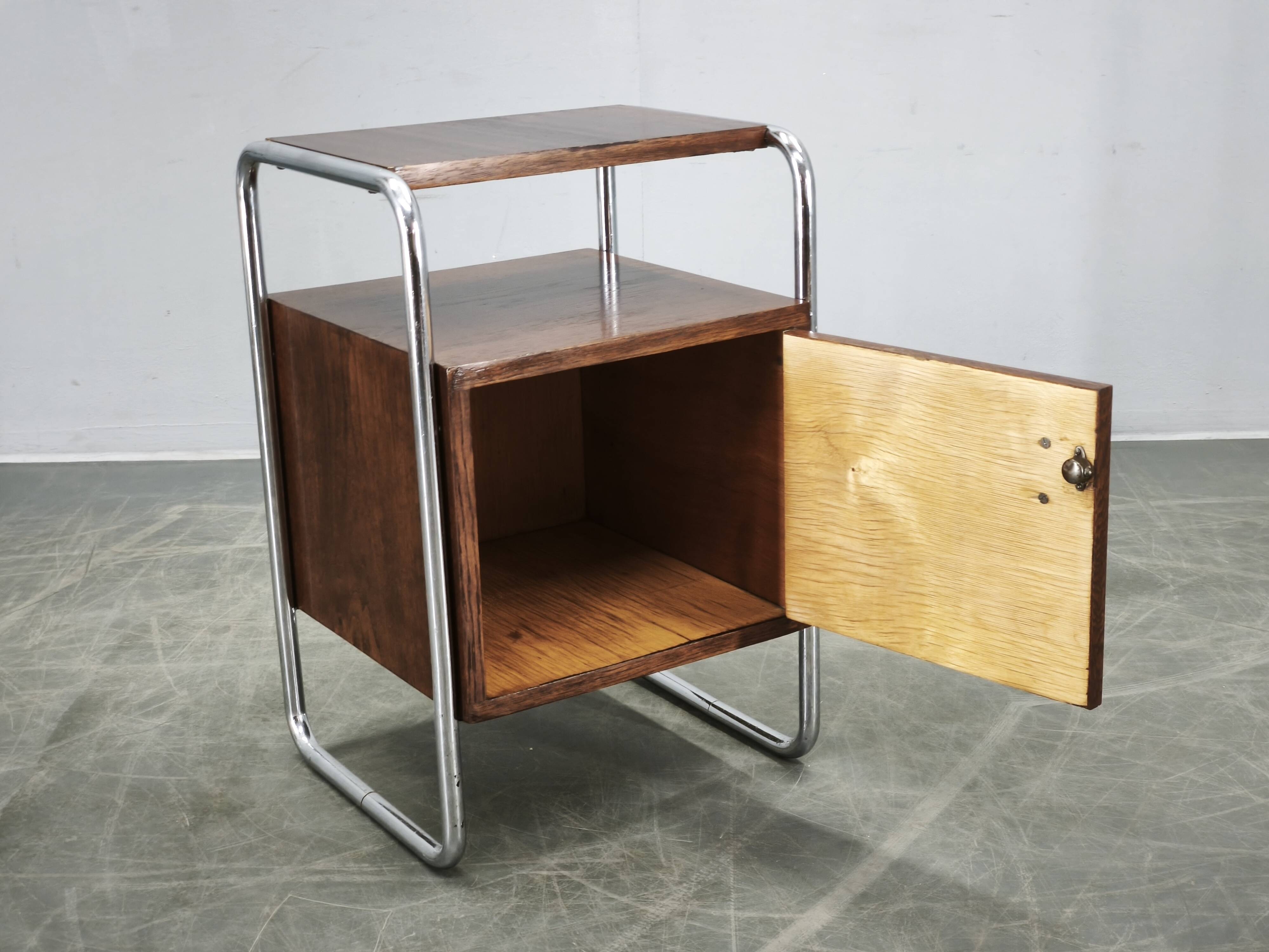 Bauhaus Oak and Chrome Tubular Nightstand, Czechoslovakia 1940s