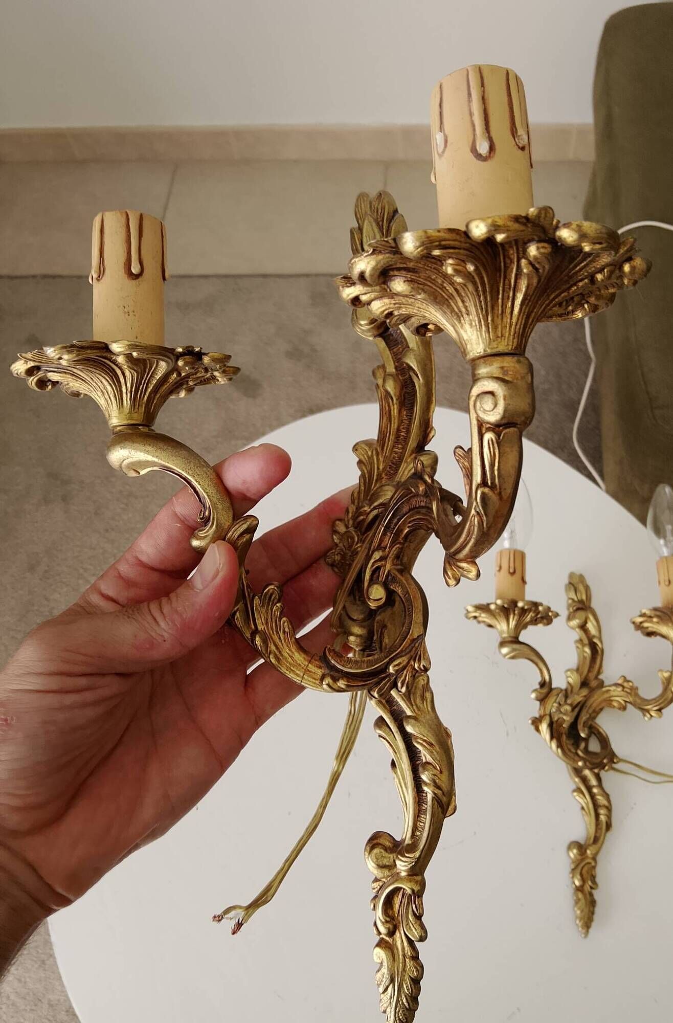 Pair of antique Rococo wall sconces in Louis XV style.