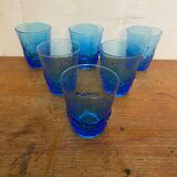 Série de 6 verres à jus verre moulé bleu décor feuilles vintage