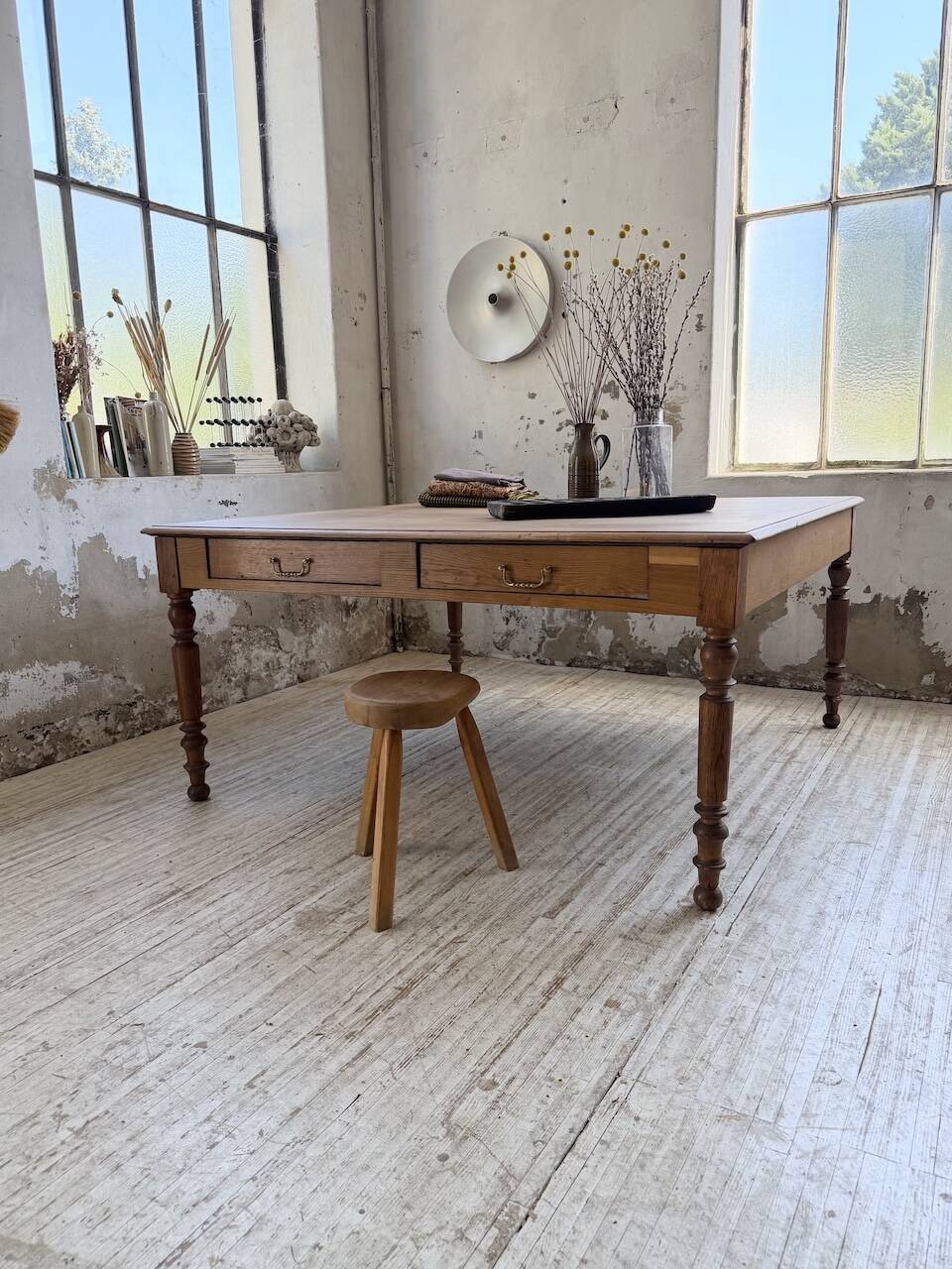 Grande table de ferme XL chêne « carrée » conférence 1950