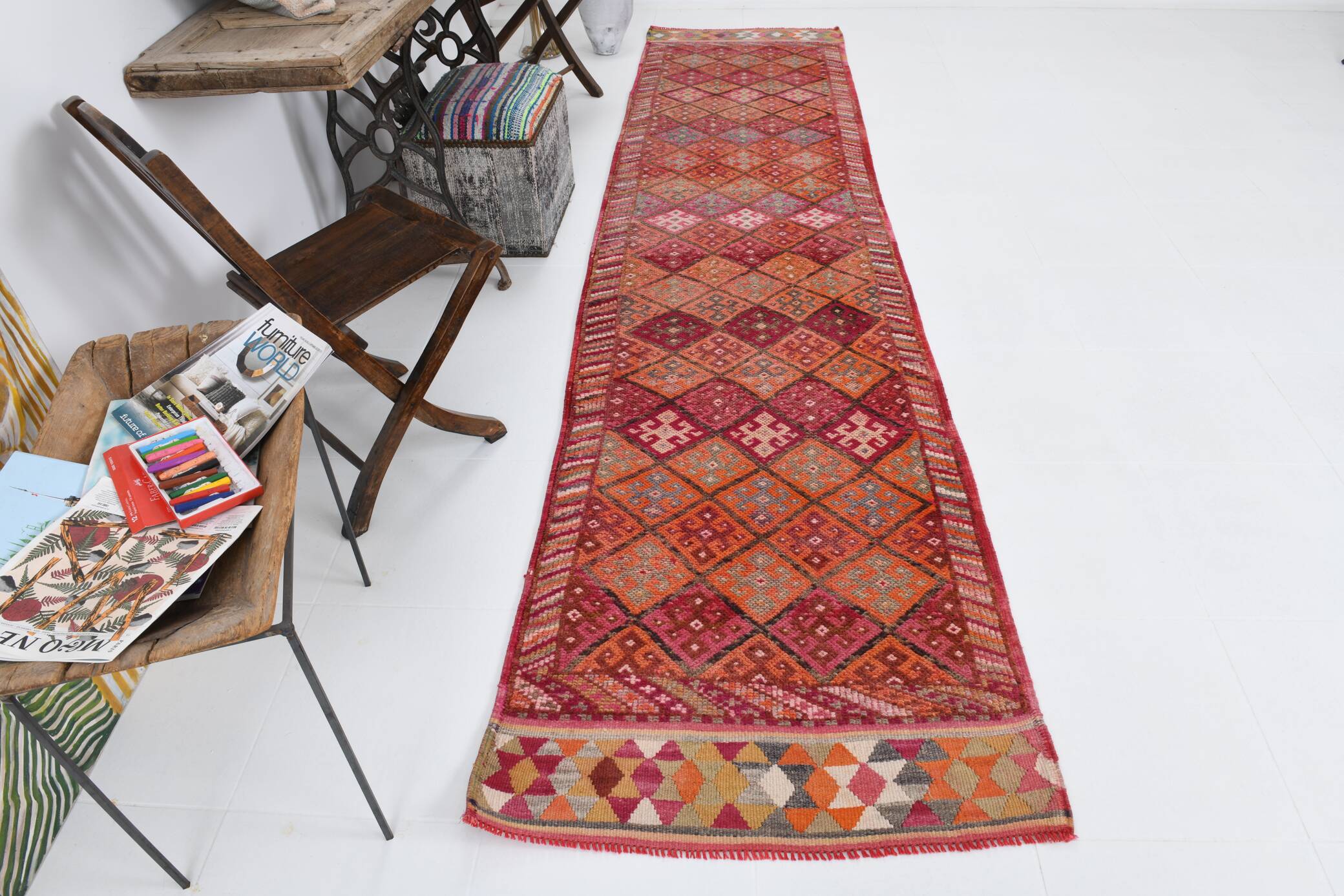 Tapis Couloir Turc Géométrique, Tapis Tribal Vintage, 87x366 Cm