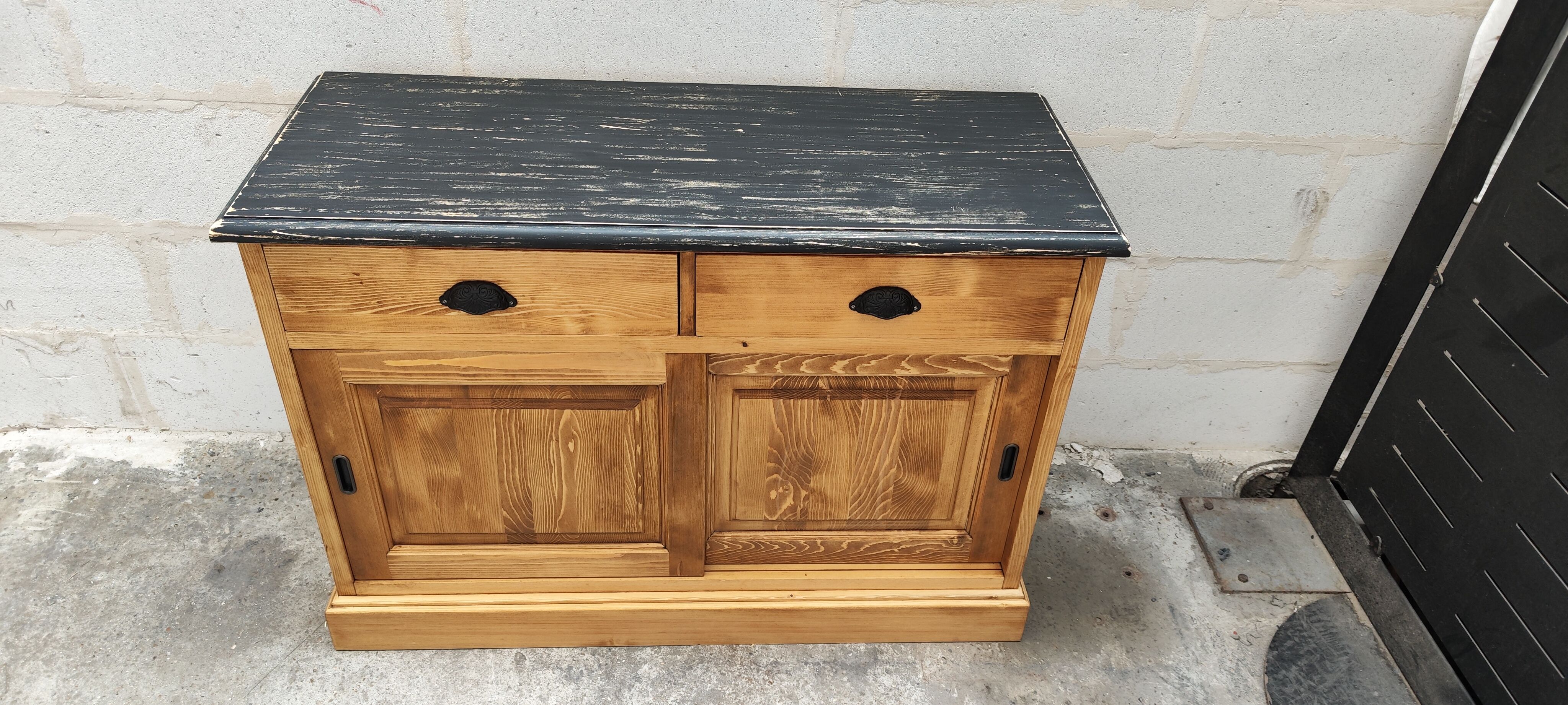 Furniture two sliding doors waxed pine above black patina