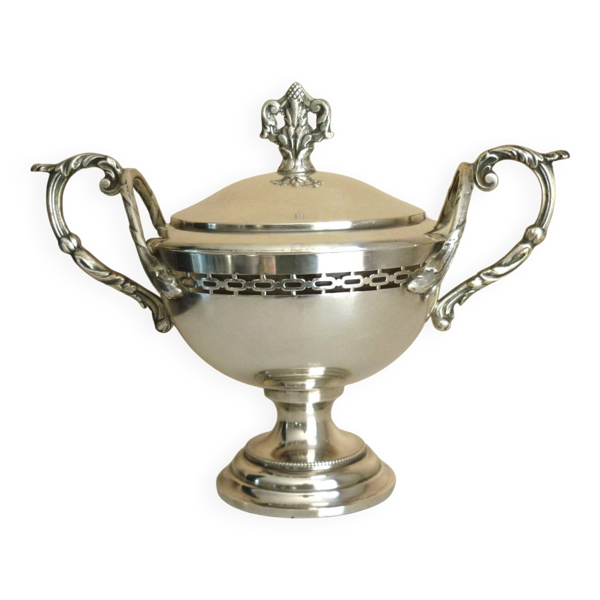 Sucrier ancien en forme de trophée, métal argenté et verrine en verre