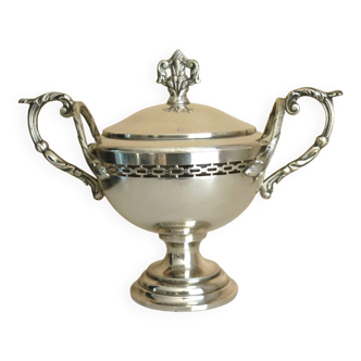 Antique trophy-shaped sugar bowl, silver-plated metal and glass verrine