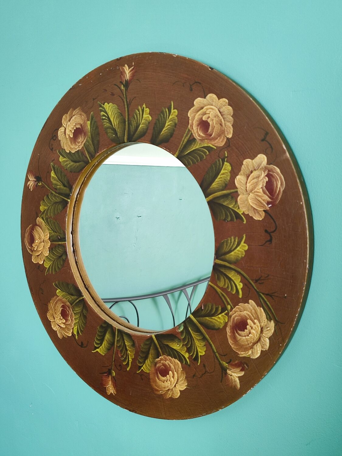 Vintage hand painted wooden round wall mirror