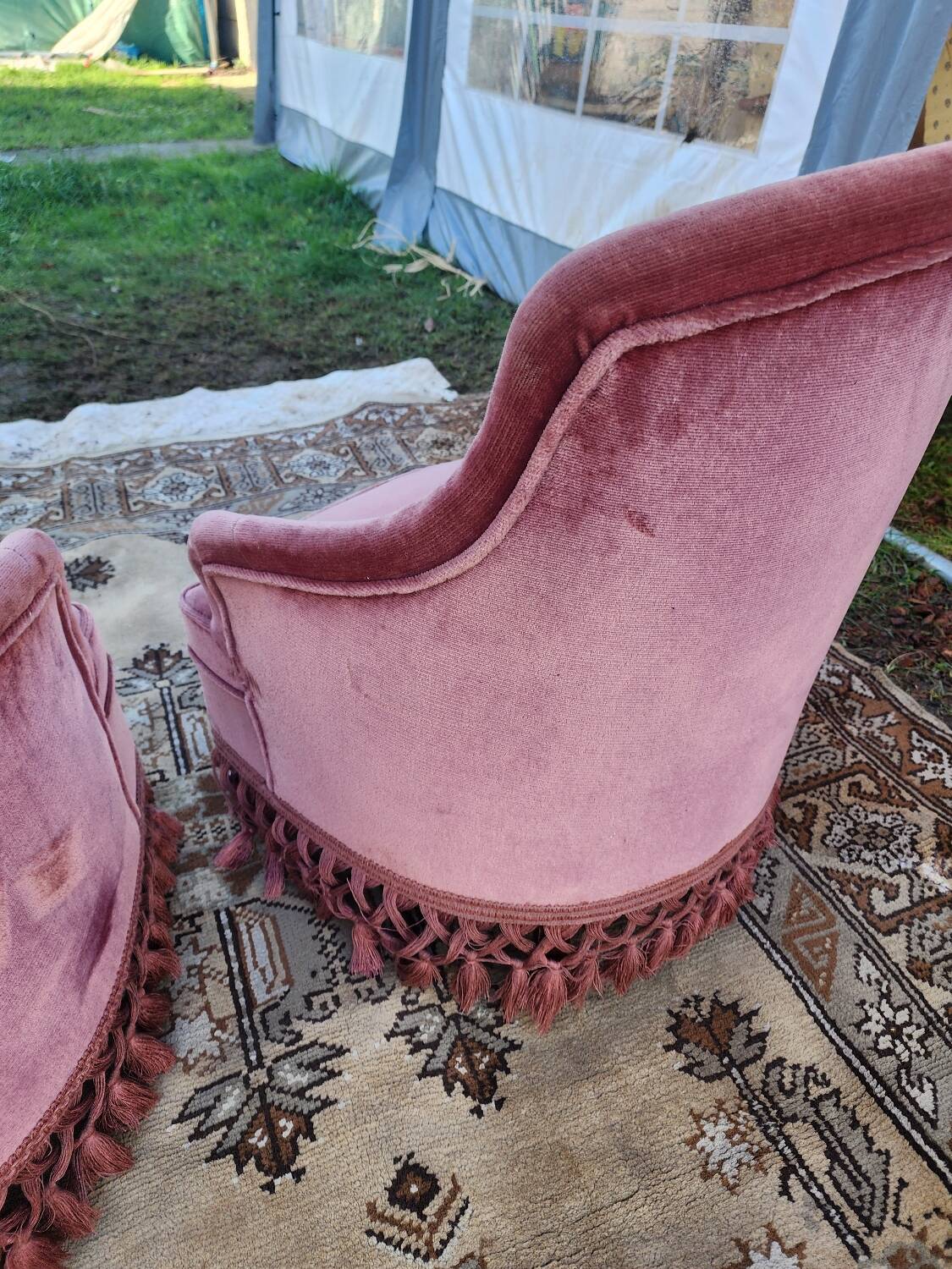 Pair of pink velvet toadstool armchairs