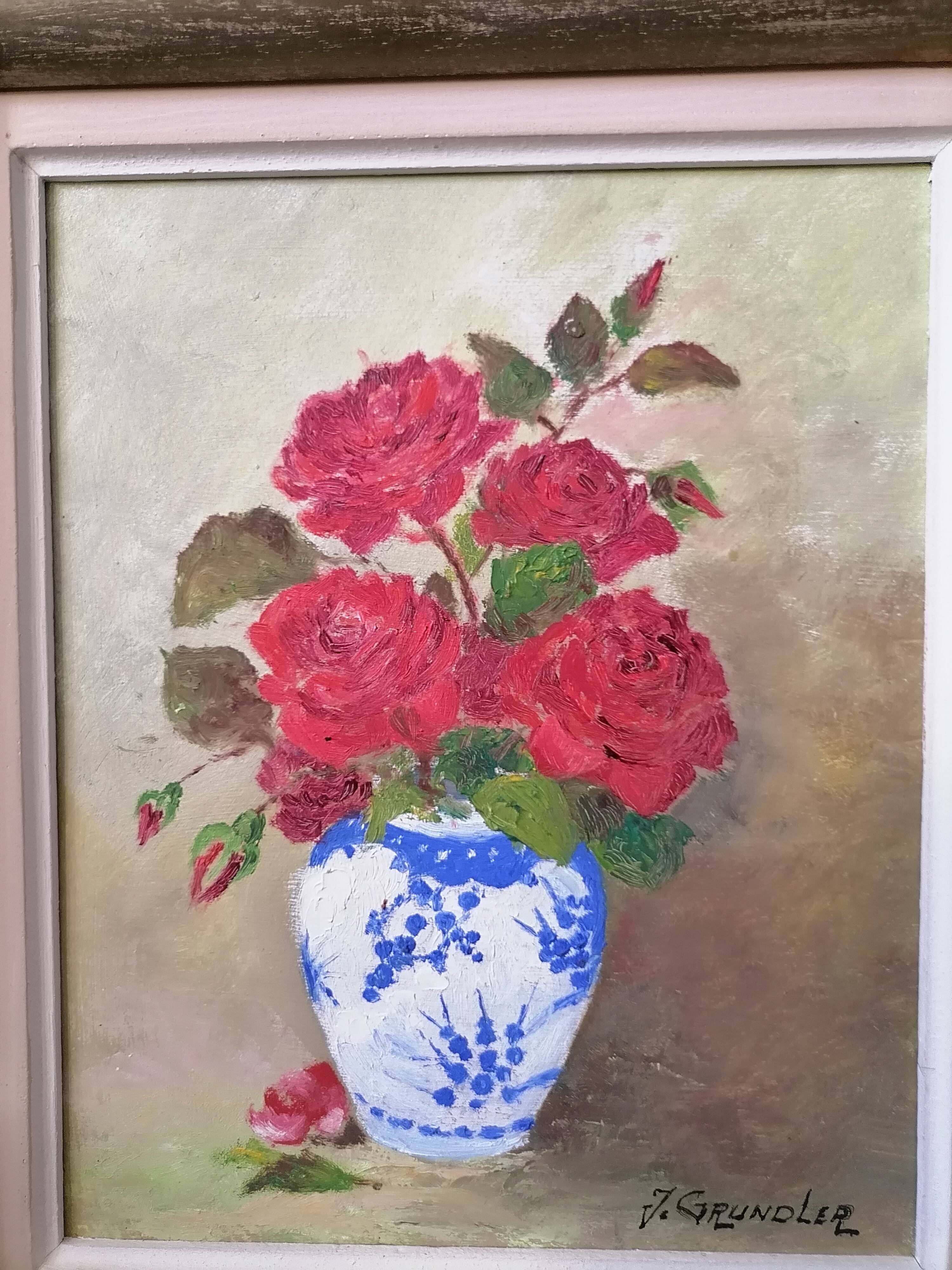 Flower bouquet painting Signed J Grundler