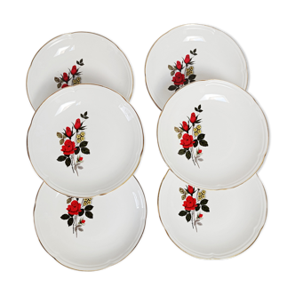 6 assiettes creuses Orchies Moulin des loups roses rouges