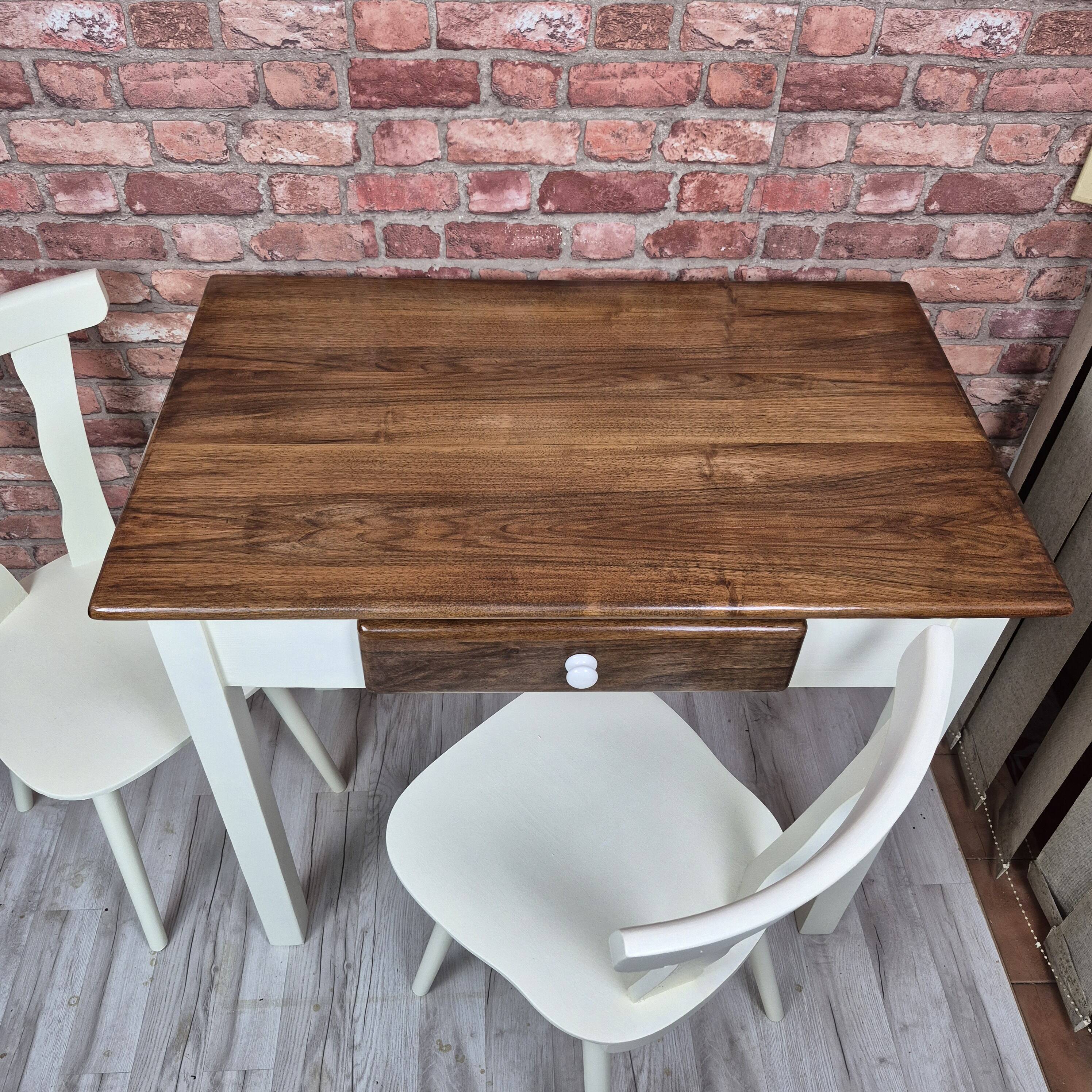 Upcycled Vintage Kitchen Dining Set Table and 2 Chairs - Cream and Walnut