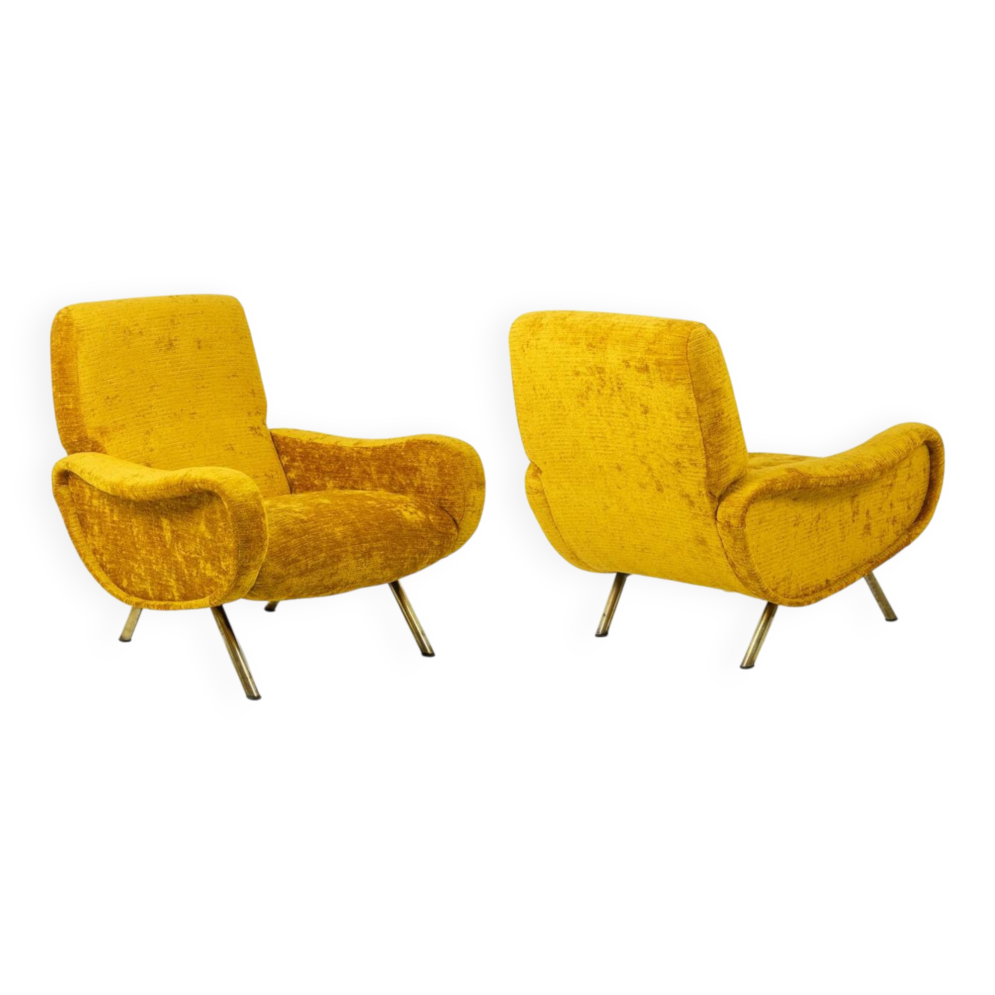 Marco Zanuso for Artflex. Yellow and gilded brass armchairs. 1950s.