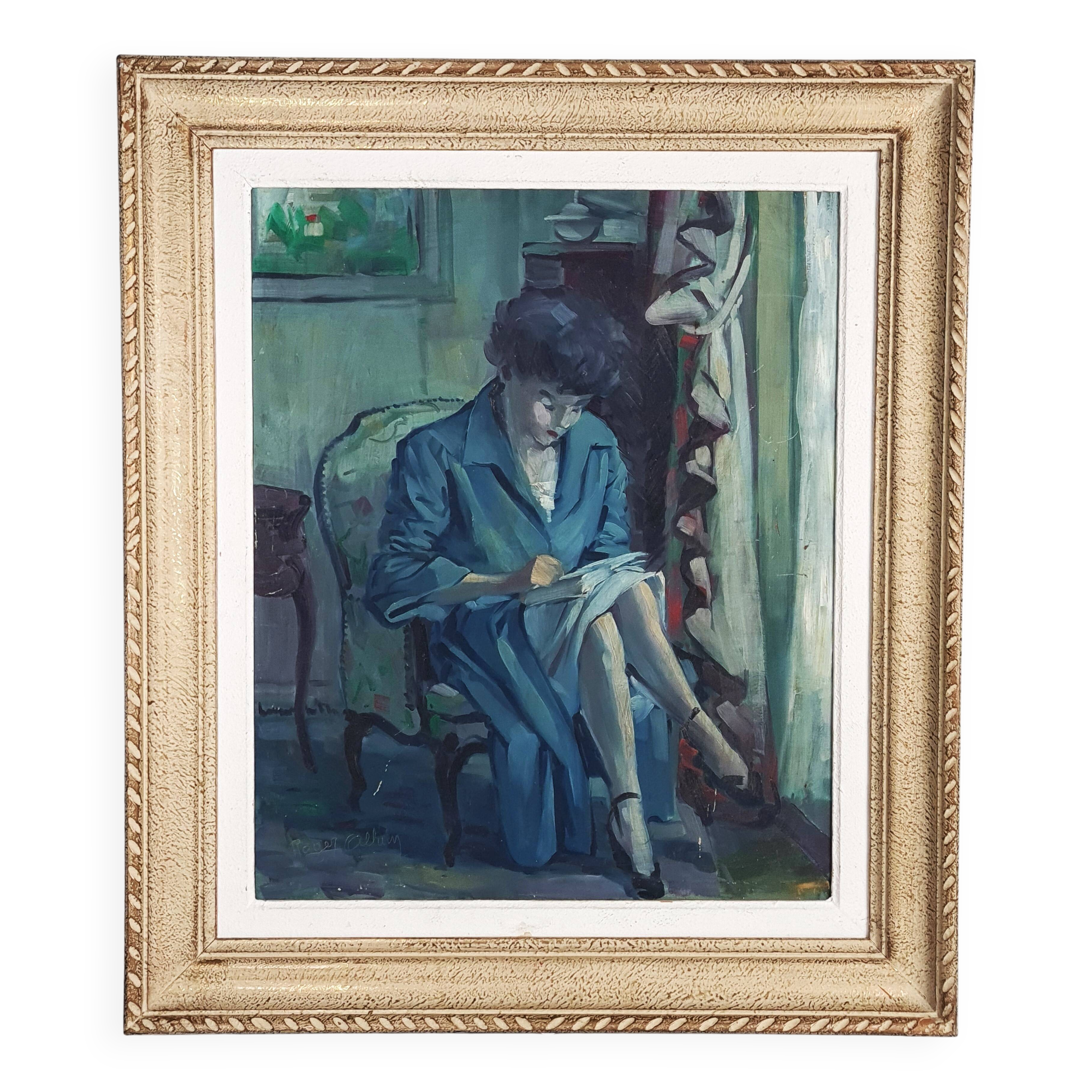 Oil on panel Young woman reading Signed Roger Alluin dated 28/2/38