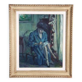 Huile sur panneau Jeune femme à la lecture Signé Roger Alluin daté 28/2/38
