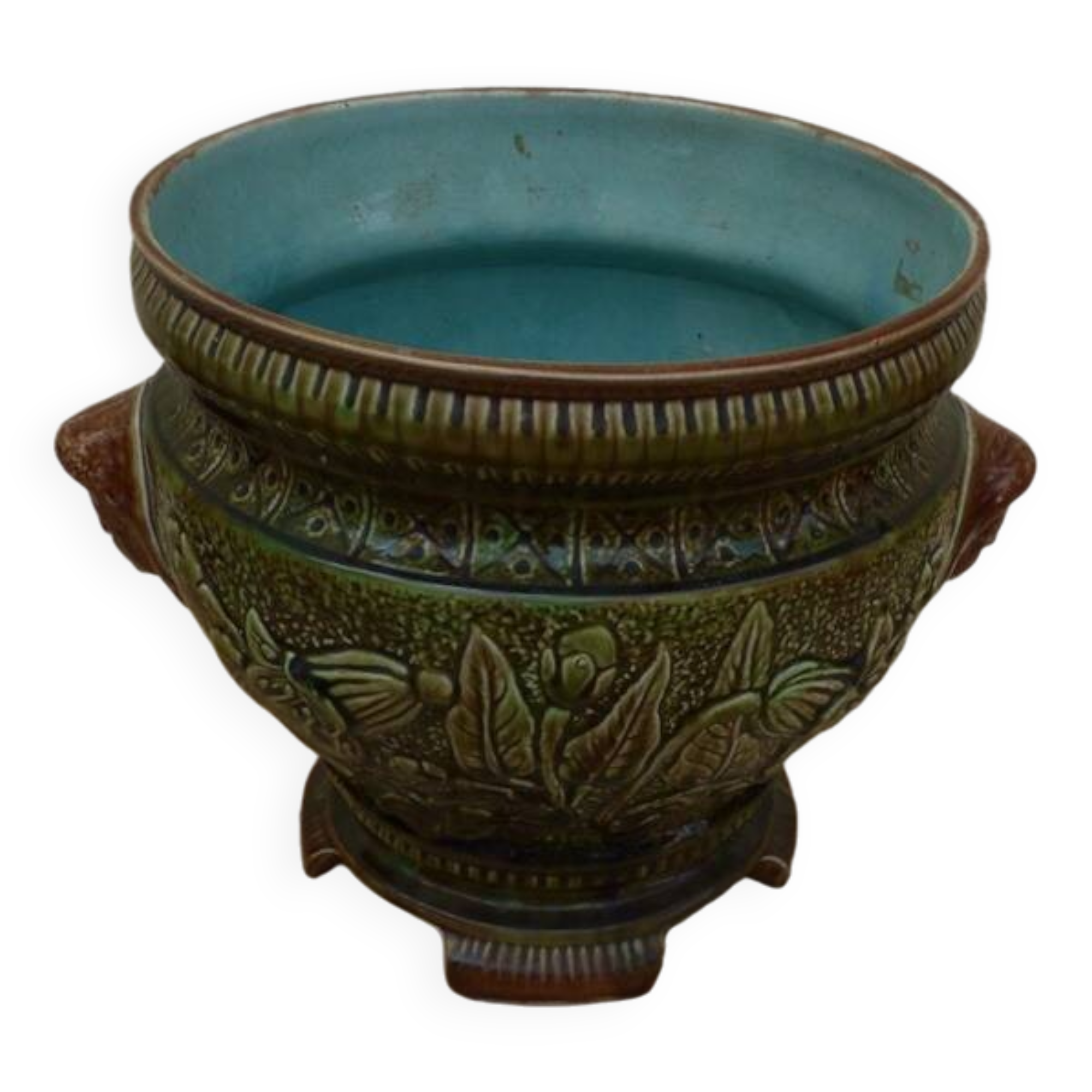 Old earthenware cachepot with woman decoration