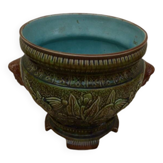 Cache pot ancien en faience avec décor femme