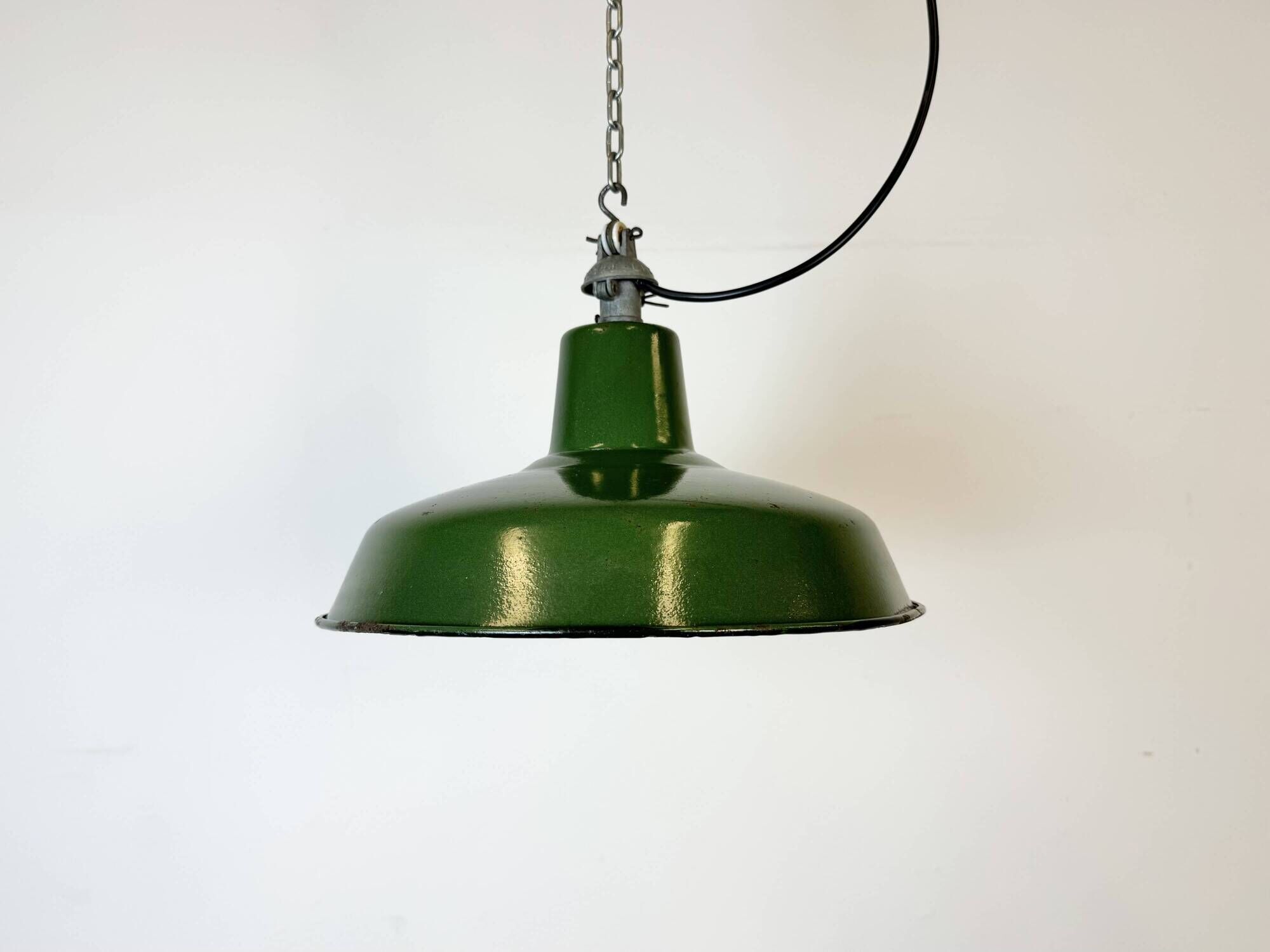 Industrial French Green Enamel Factory Lamp, 1960s