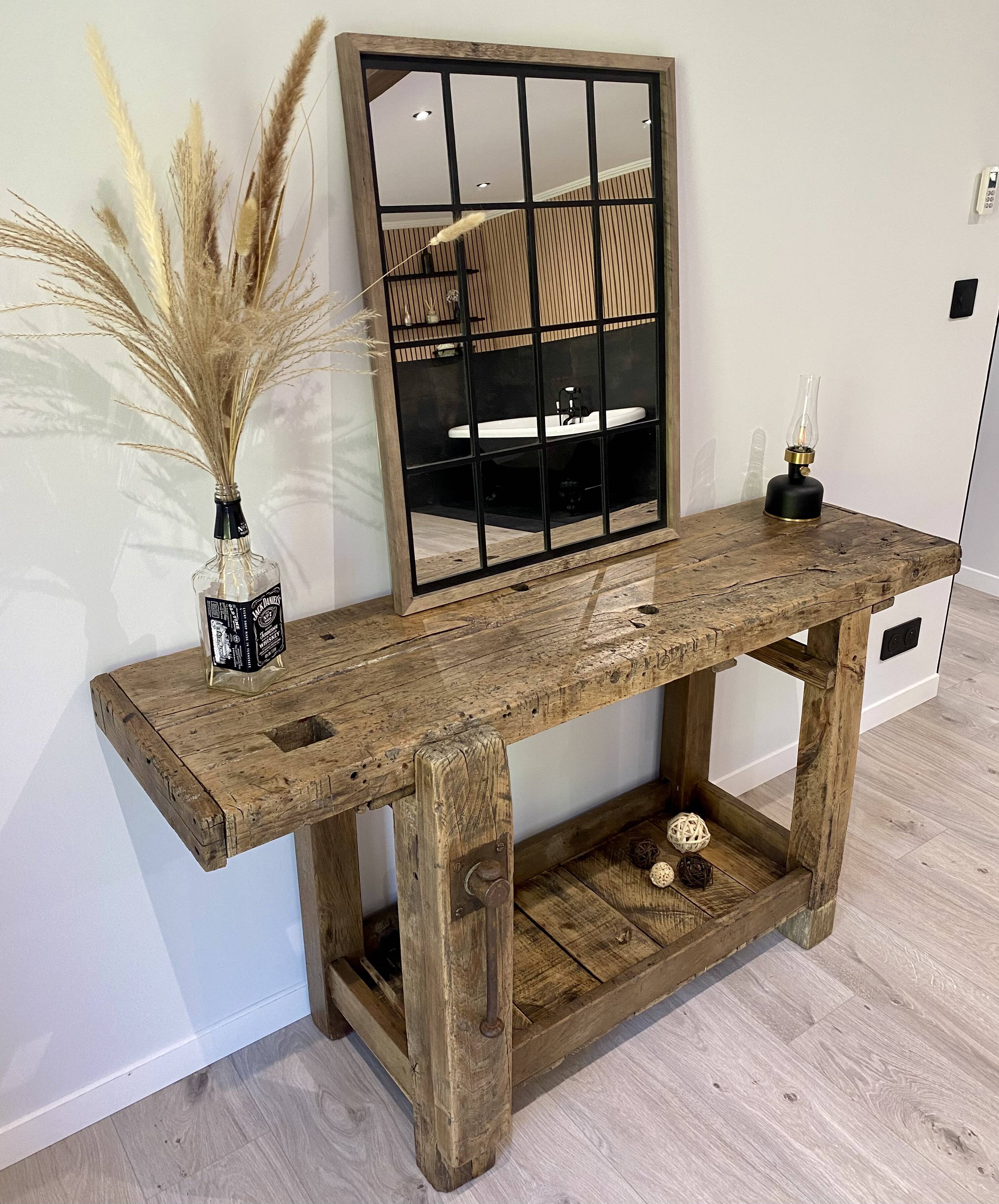 Établi en bois industriel vintage, meuble de métier