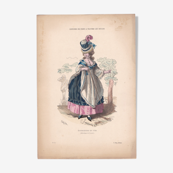 Une planche un dessin costumes de paris  Bourgeoise  illustration année 1876-1880 éditeur F. Roy