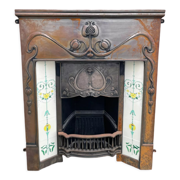 Cheminée à foyer ouvert en fonte, de style Art Nouveau