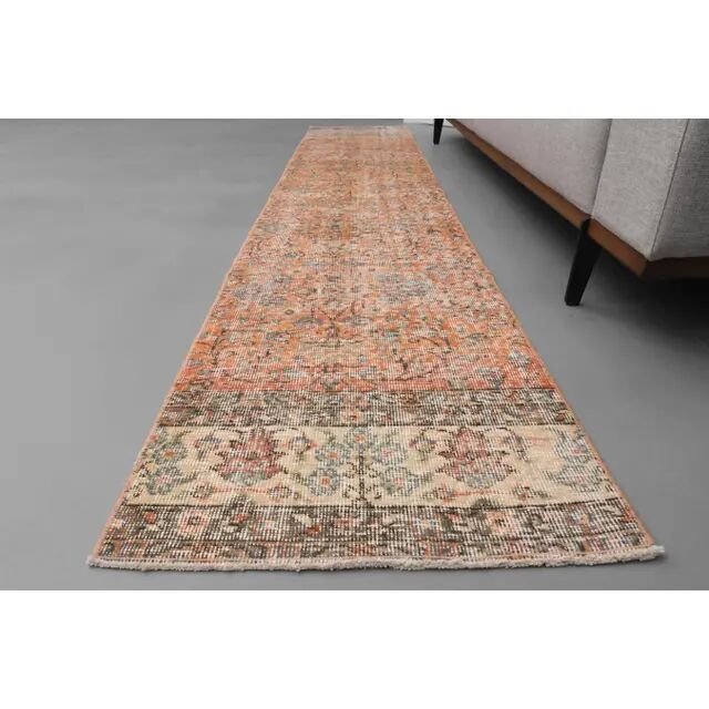 1970s Turkish Hand-Knotted Wool Cotton Orange Runner Rug 60x293