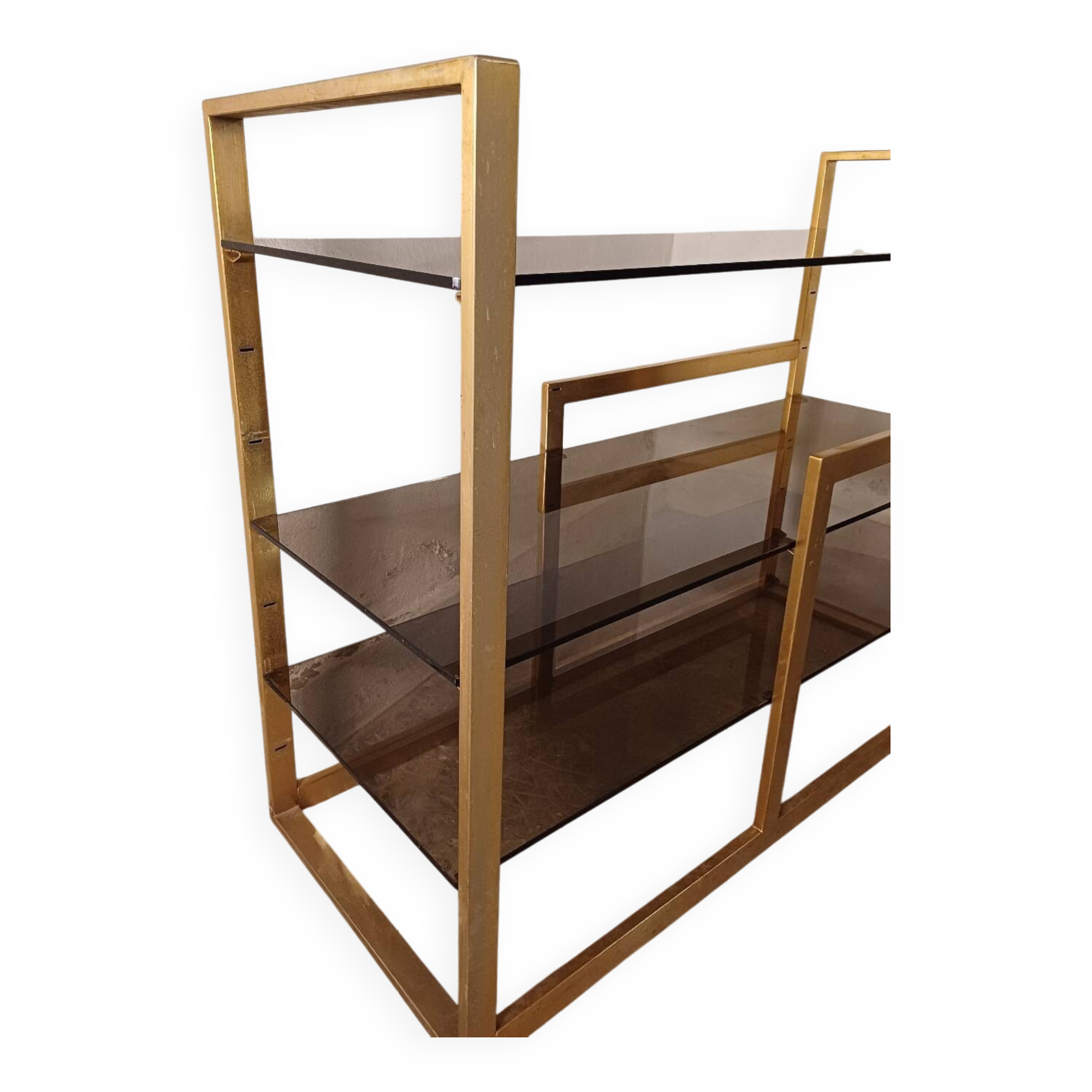 Brass shelf, smoked glass