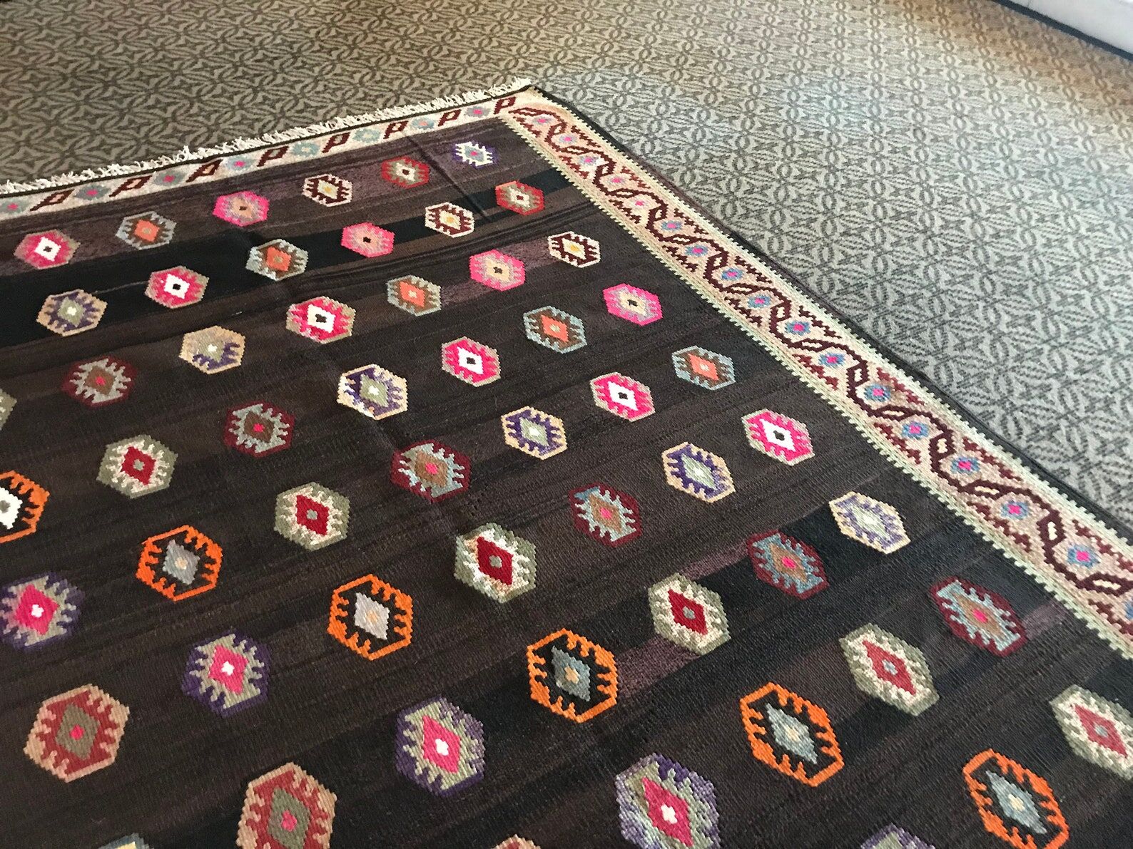 Old black anatolian oushak kilim rug with colorful patterns 305 X 173 cm
