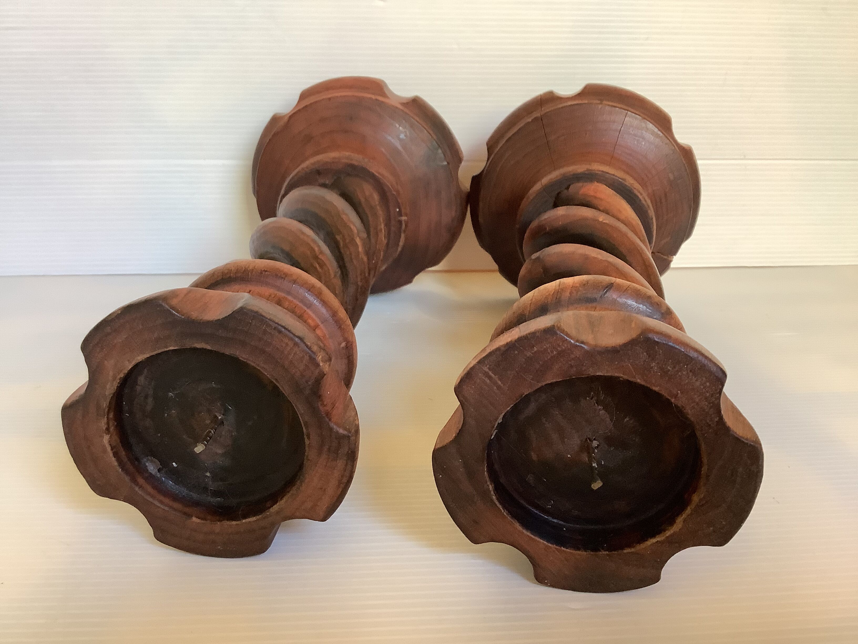 Pair of candlesticks picnic candle in twisted turned wood
