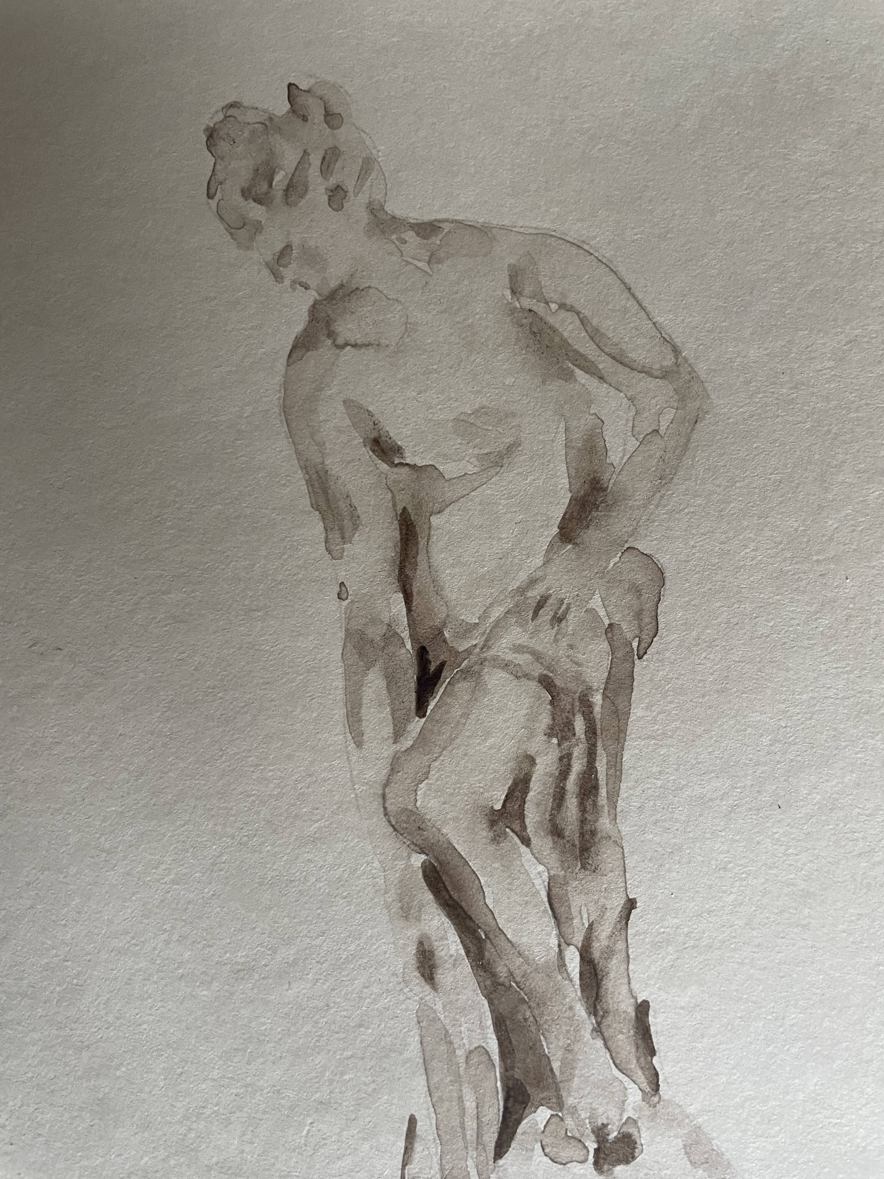 Tableau signé aquarelle monochrome étude dessin statue musée classique « sortie du bain »
