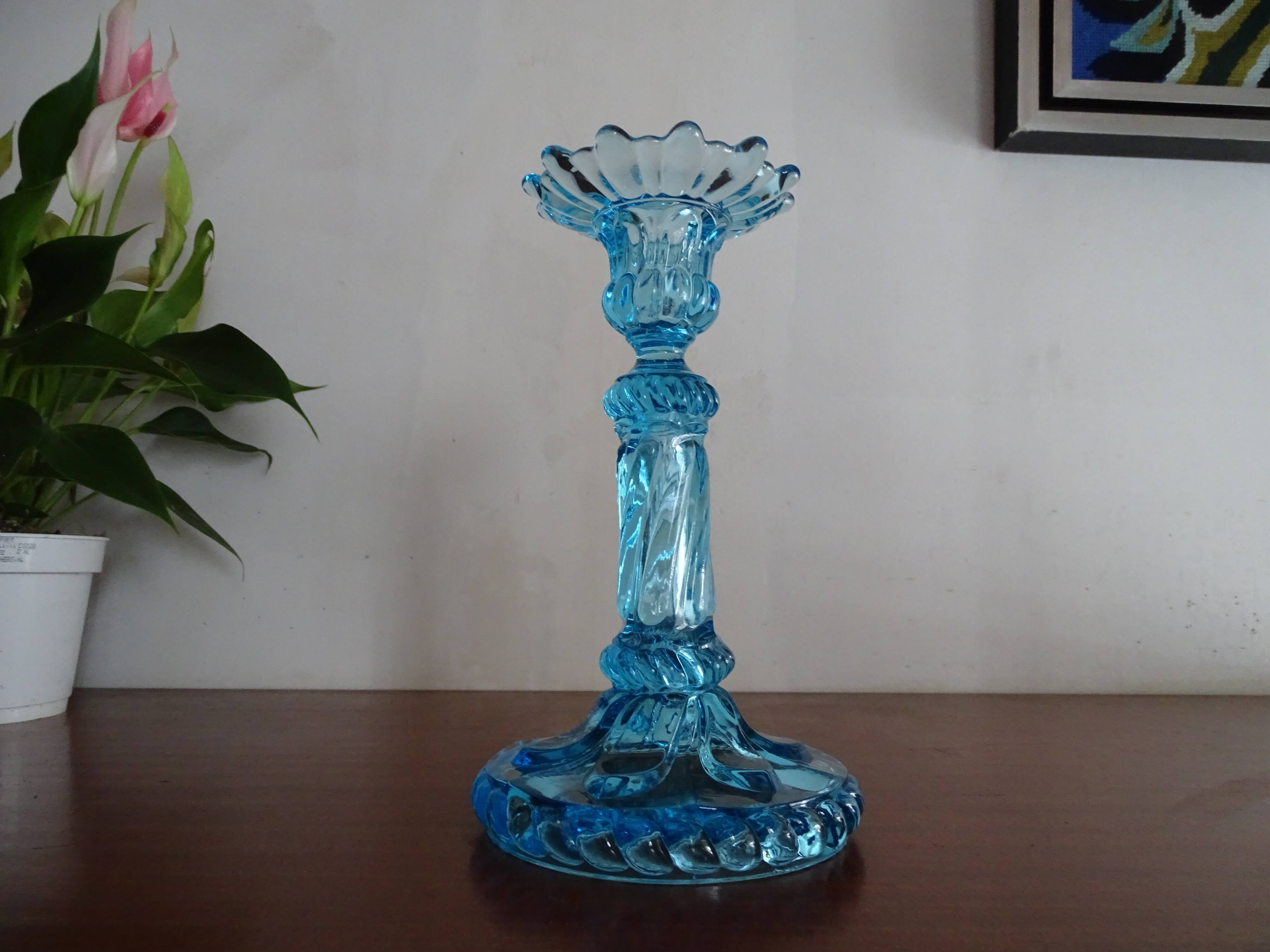 Candleholder Door blue molded glass signed