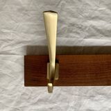 Vintage wooden wall-mounted coat rack with 3 golden cast aluminum hooks