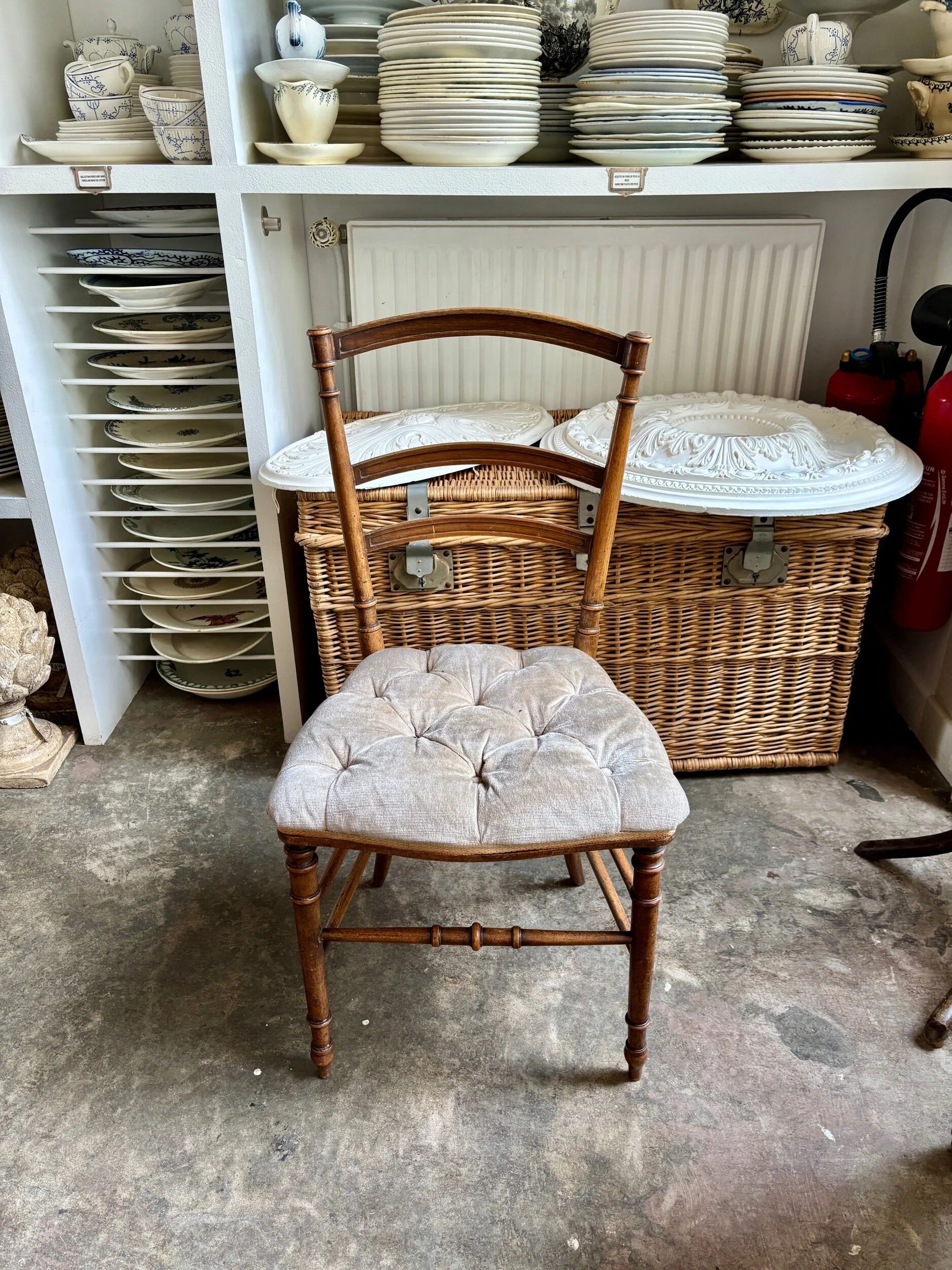 Napoleon III chair in dark wood and beige cotton velvet.