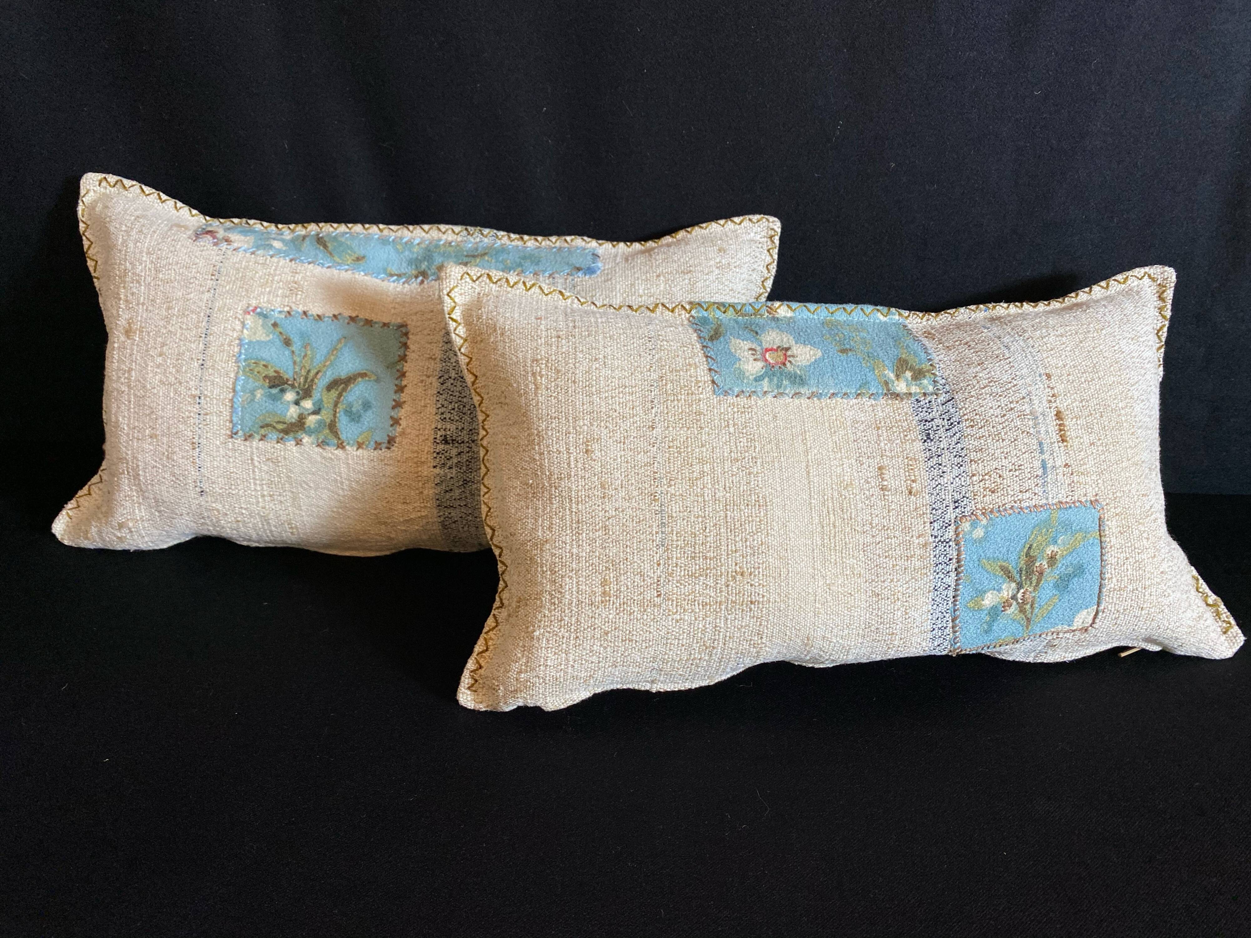 Pair of kilim-style antique canvas cushions woven, patched and hand-embroidered, and vintage fabric