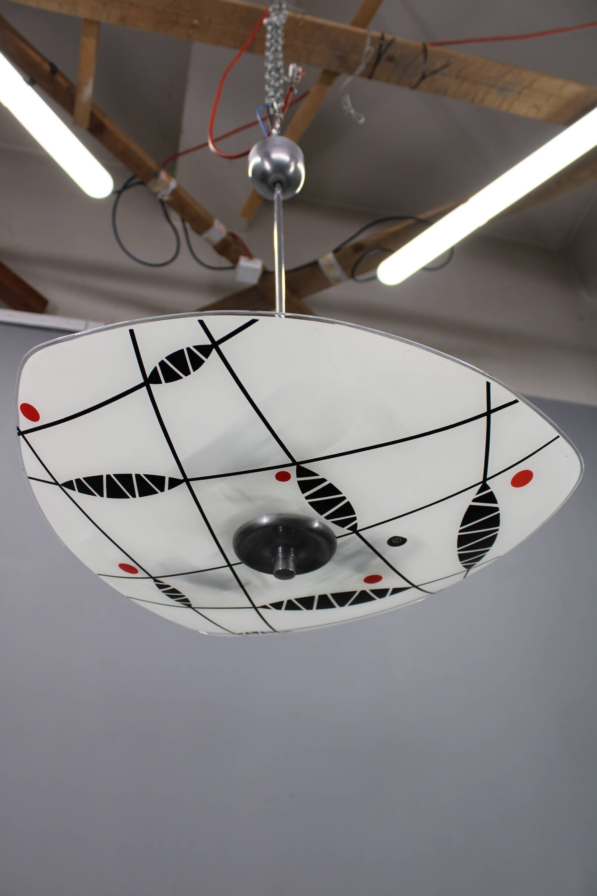 Mid-century pendant chandelier, chromed metal and glass, Czechoslovakia 1970s